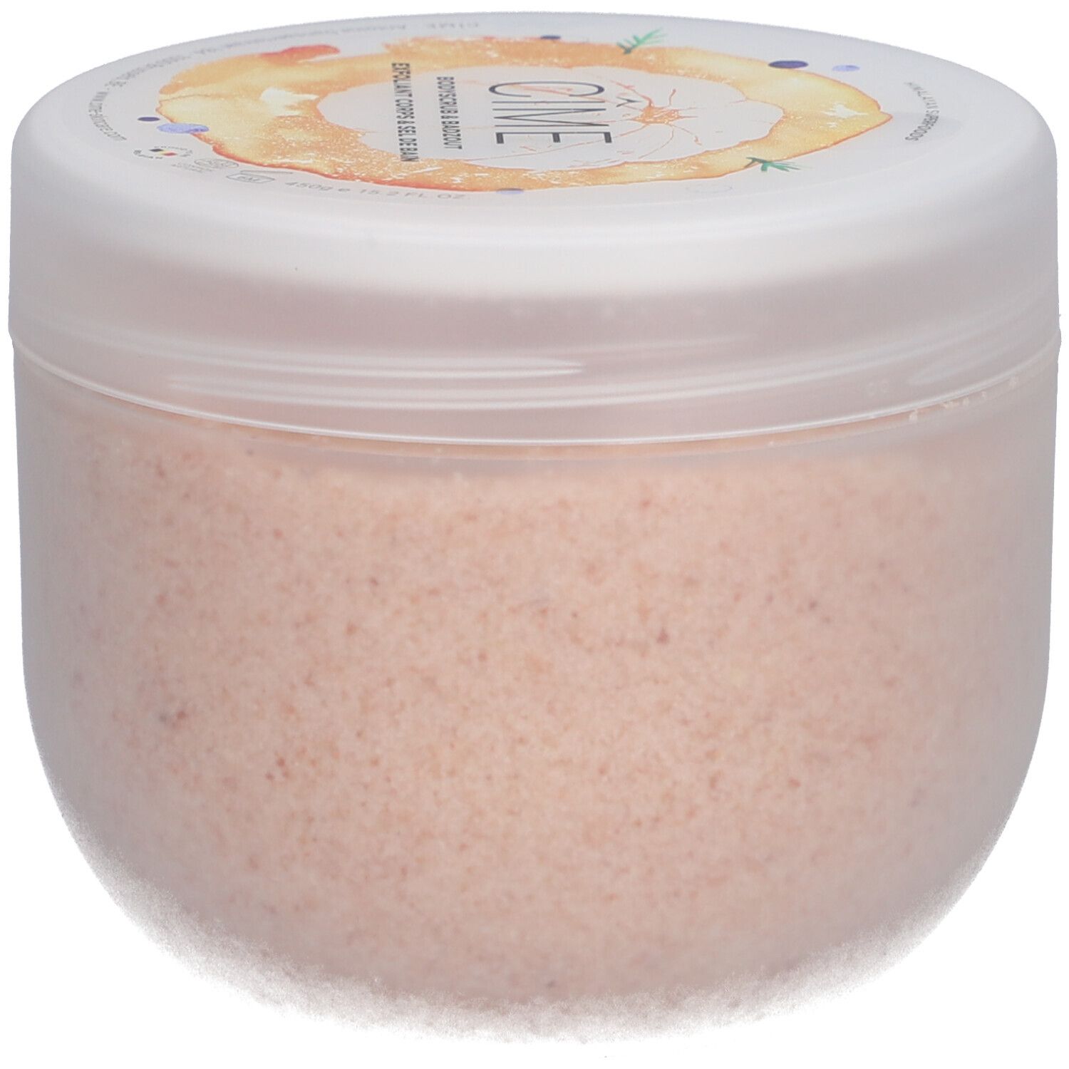 Pot rond avec couvercle blanc. Le couvercle porte la marque "Cîme". Le pot contient un produit rose.