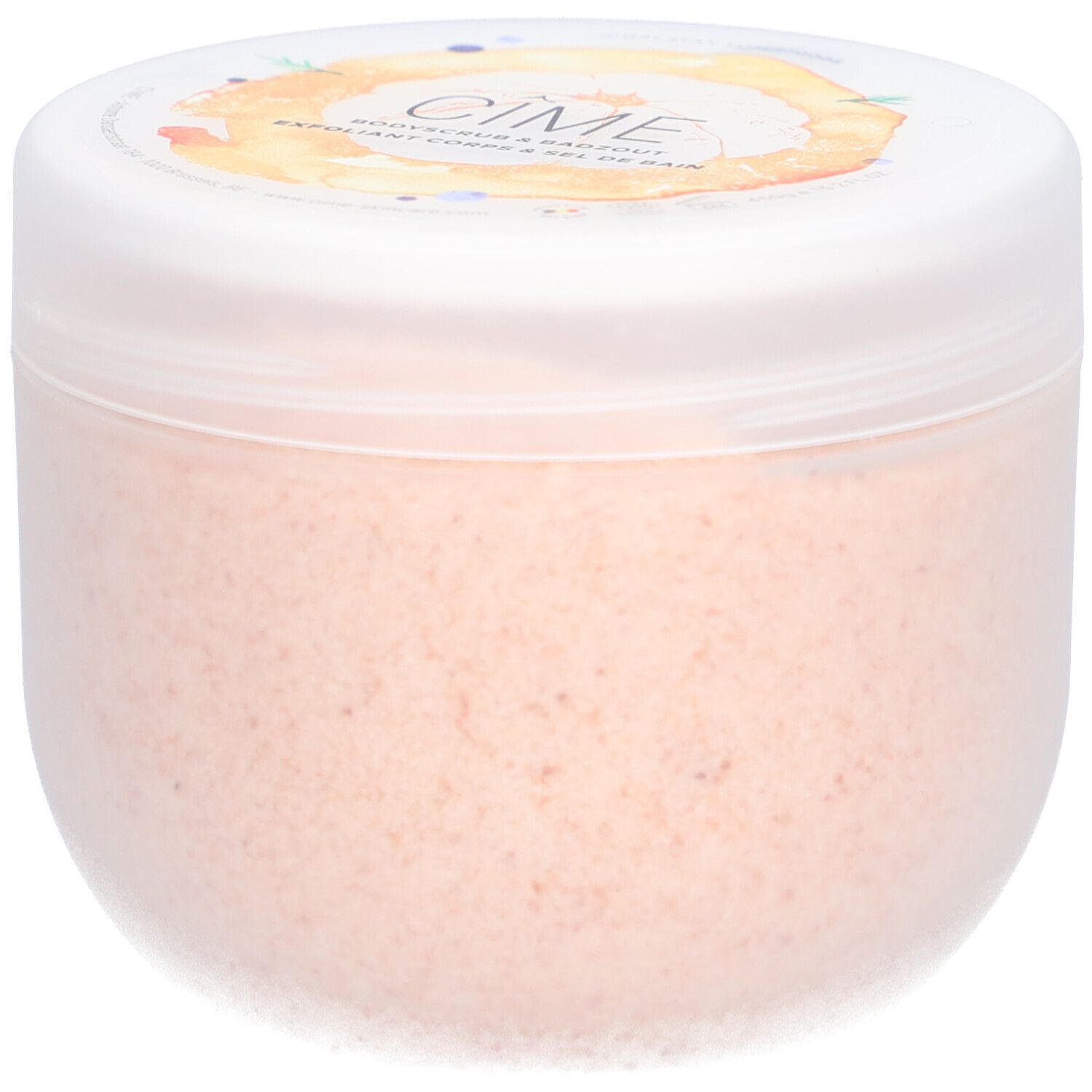 Pot rond avec couvercle blanc. Le couvercle porte la marque "Cîme". Le pot contient un produit rose.