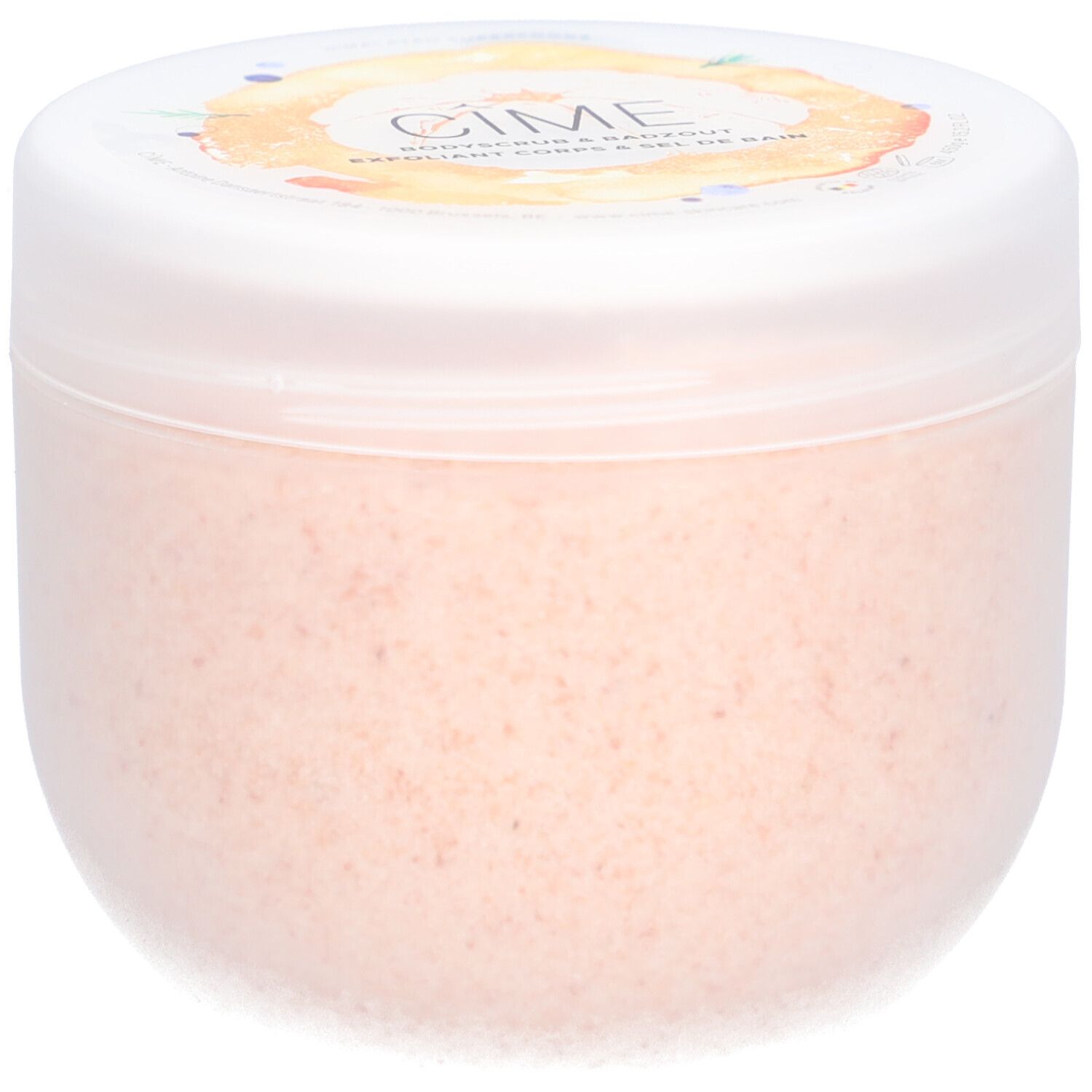 Pot rond avec couvercle blanc. Le couvercle porte la marque "Cîme". Le pot contient un produit rose.