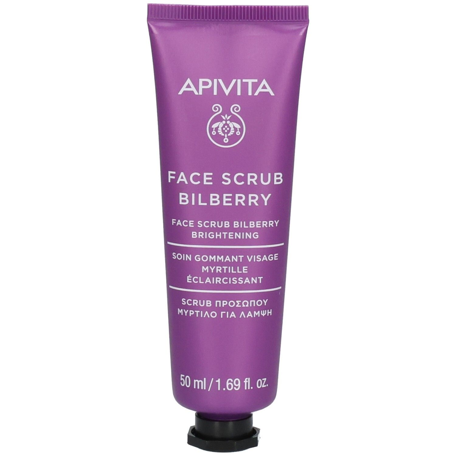 Tube APIVITA Face Scrub Bilberry. Tube violette avec bouchon noir. 50 ml / 1.69 fl. oz.