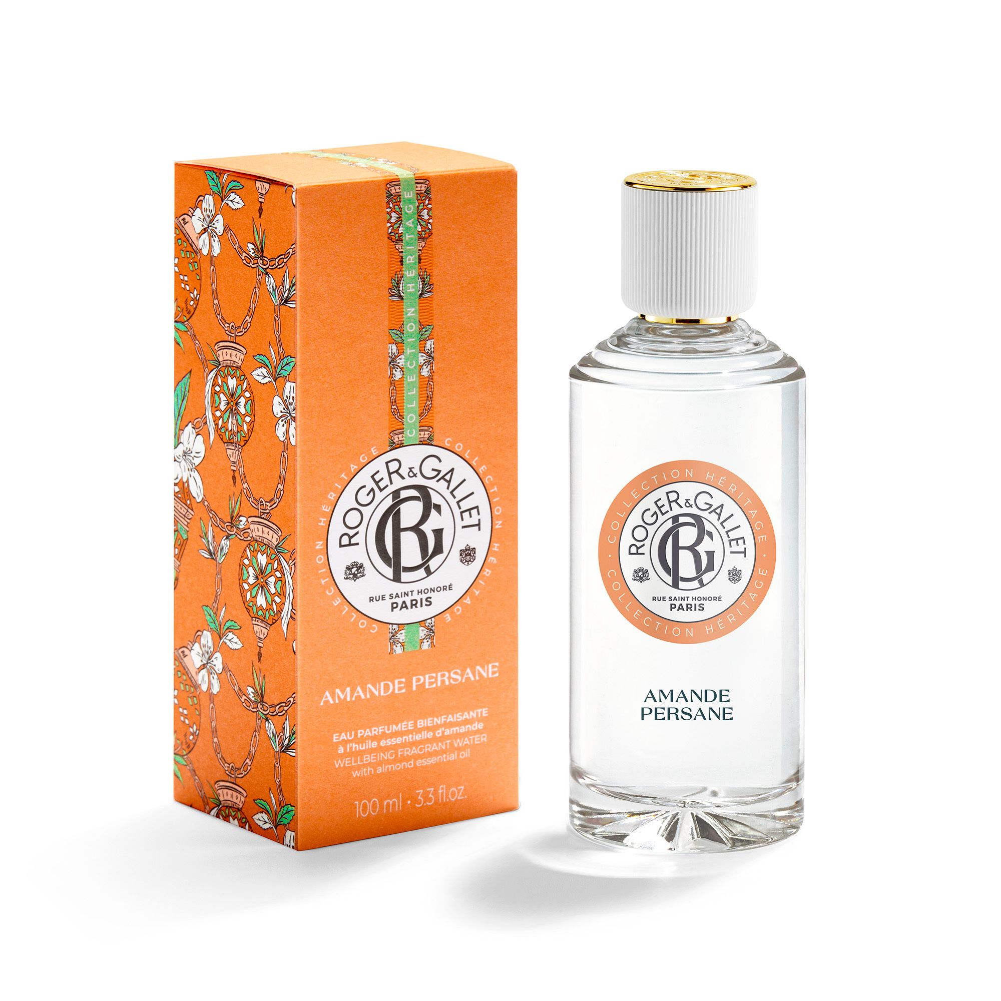 Flacon en verre et boîte. Logo Roger & Gallet. Nom du produit : Amande Persane. Boîte avec motif floral.