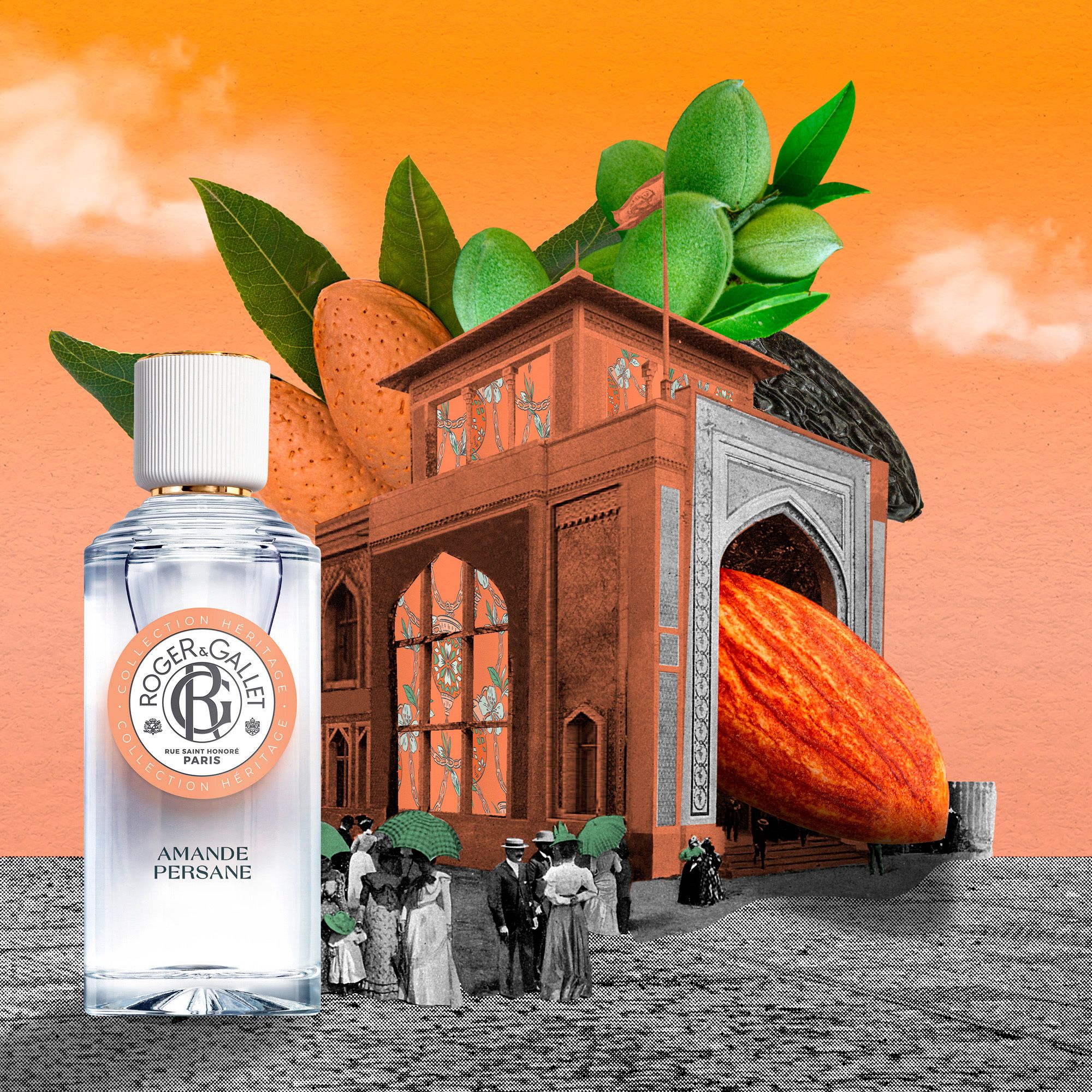 Flacon en verre, nom du produit : Amande Persane. Composition d'image avec amandes, bâtiment et personnes.