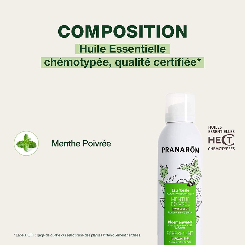 Visuel publicitaire. Texte: Composition: huile essentielle, qualité certifiée. Menthe Poivrée. Label HECT.
