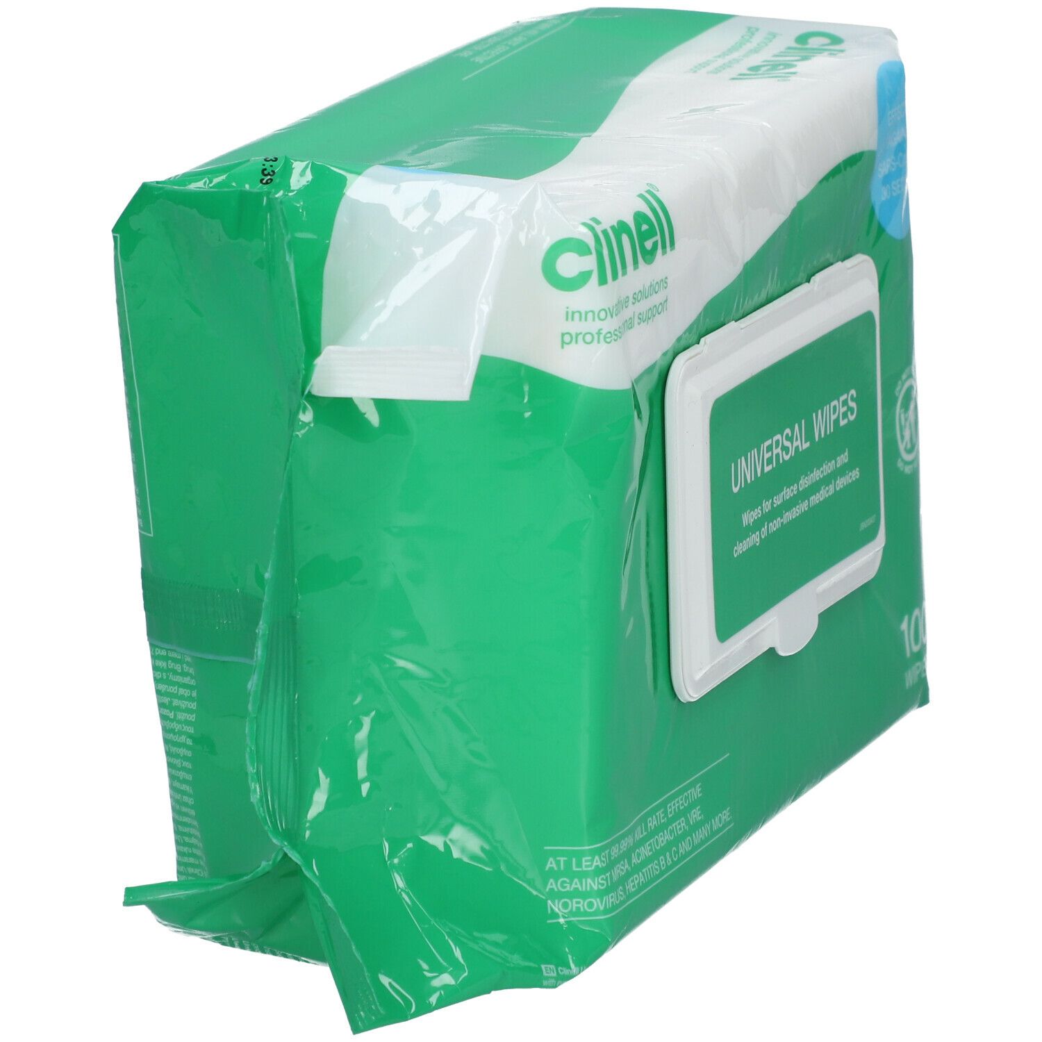 Emballage vert, partiellement transparent. Inscription: UNIVERSAL WIPES. Marque Clinell. Forme carrée.