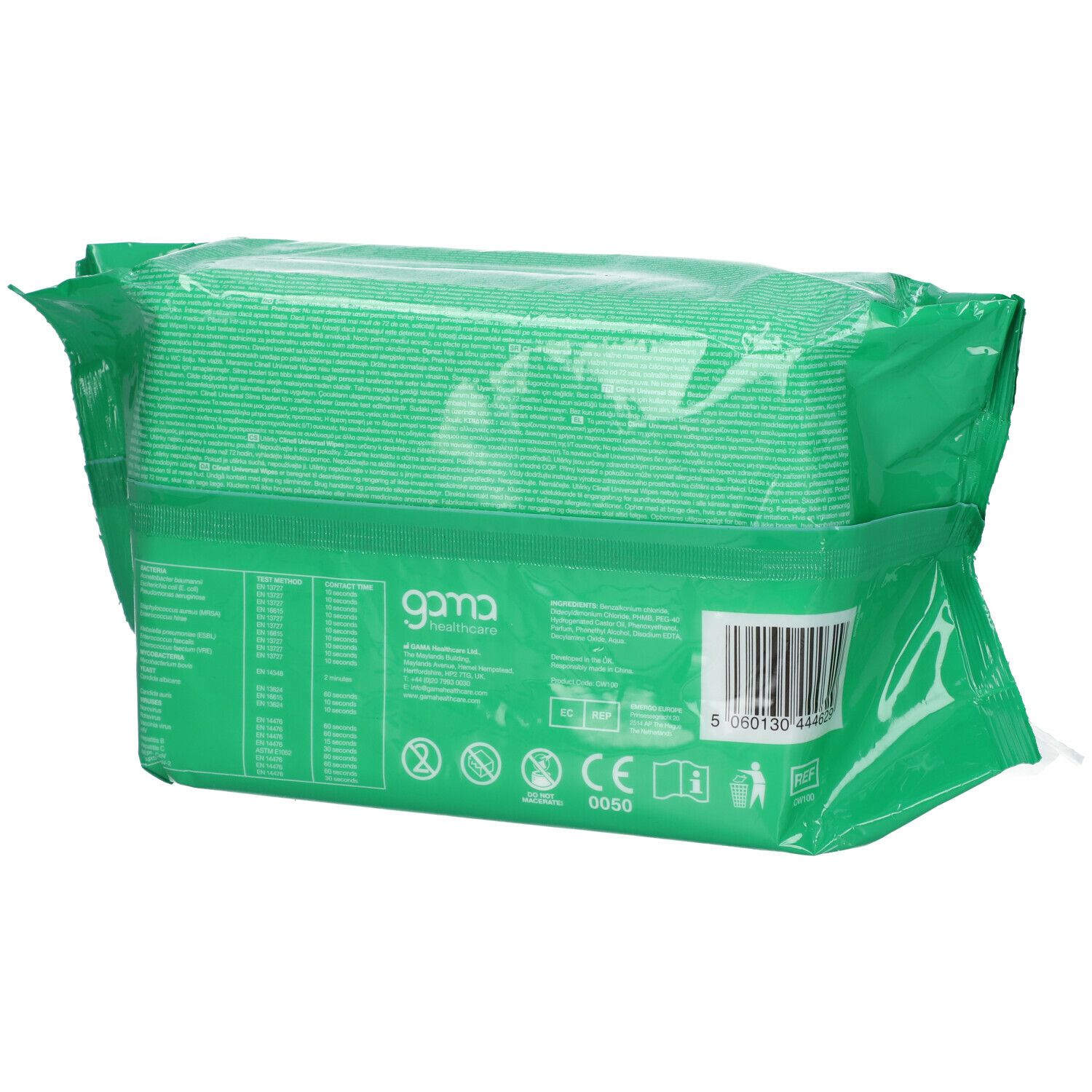 Dos d'un emballage vert. Code-barres et informations. Marque gama. Marquage CE.