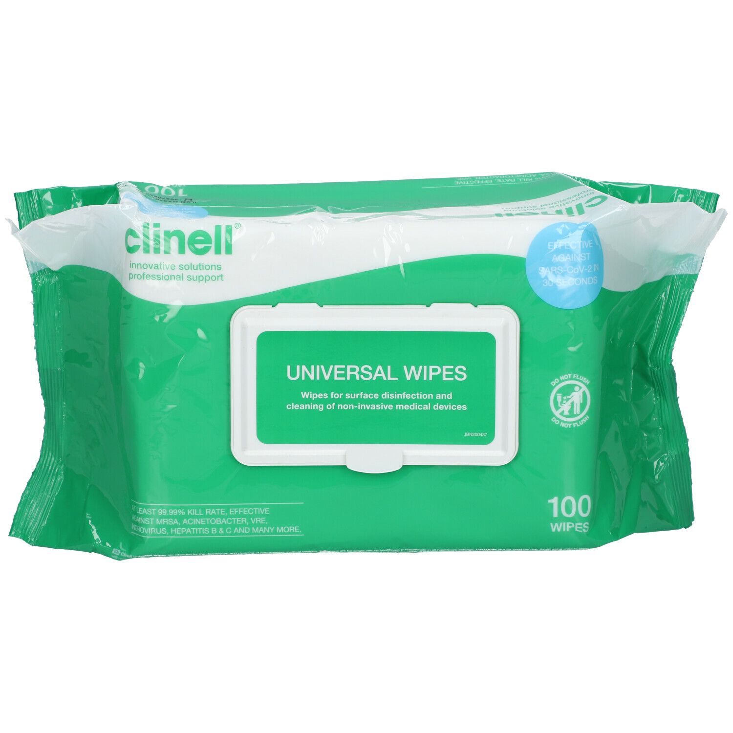 Emballage vert avec zone blanche. Inscription: UNIVERSAL WIPES. 100 lingettes. Marque Clinell.