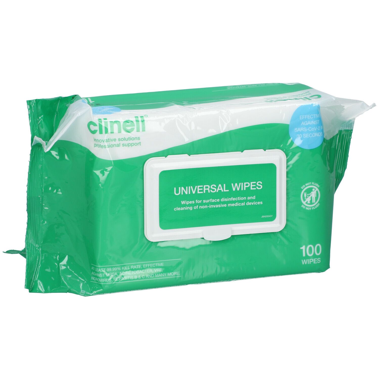Emballage vert avec zone blanche. Inscription: UNIVERSAL WIPES. 100 lingettes. Marque Clinell.