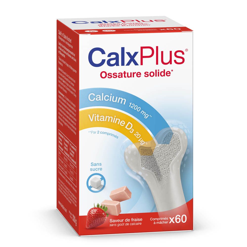 Boîte CalxPlus avec 60 comprimés. Calcium, vitamine D3 et saveur fraise indiqués sur la boîte.