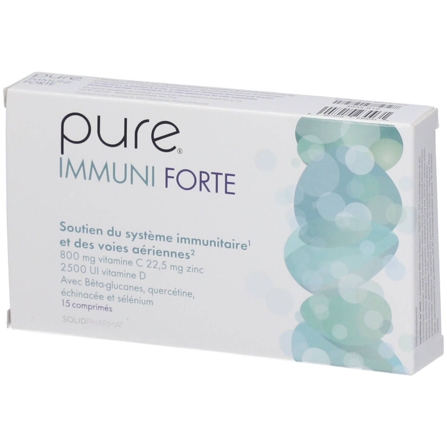 Boîte blanche "pure IMMUNI FORTE". Contient 15 comprimés. Informations sur les vitamines et minéraux.