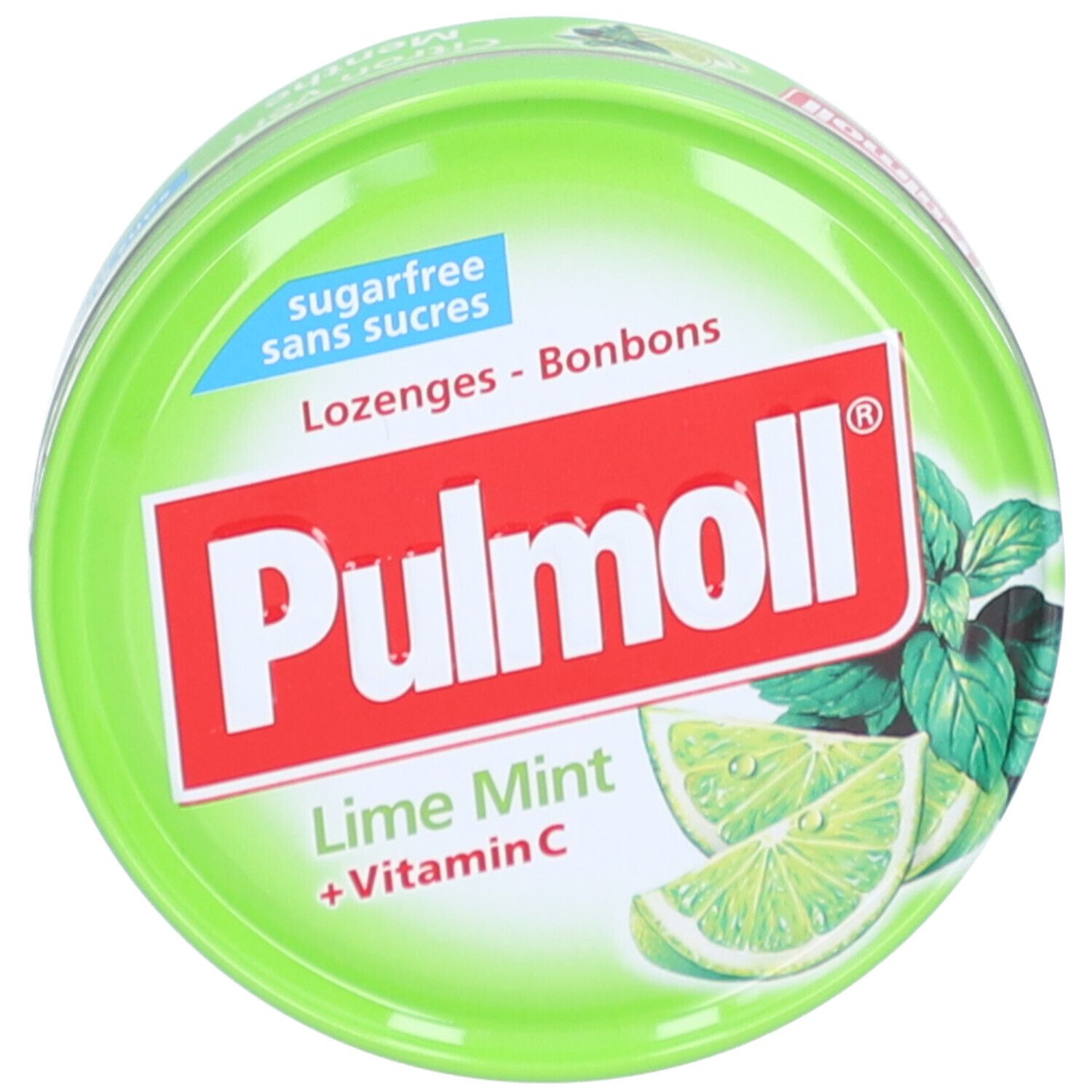 Boîte ronde verte avec logo "Pulmoll" et inscription "Lime Mint + Vitamin C". Illustration de tranches de citron vert et de menthe.
