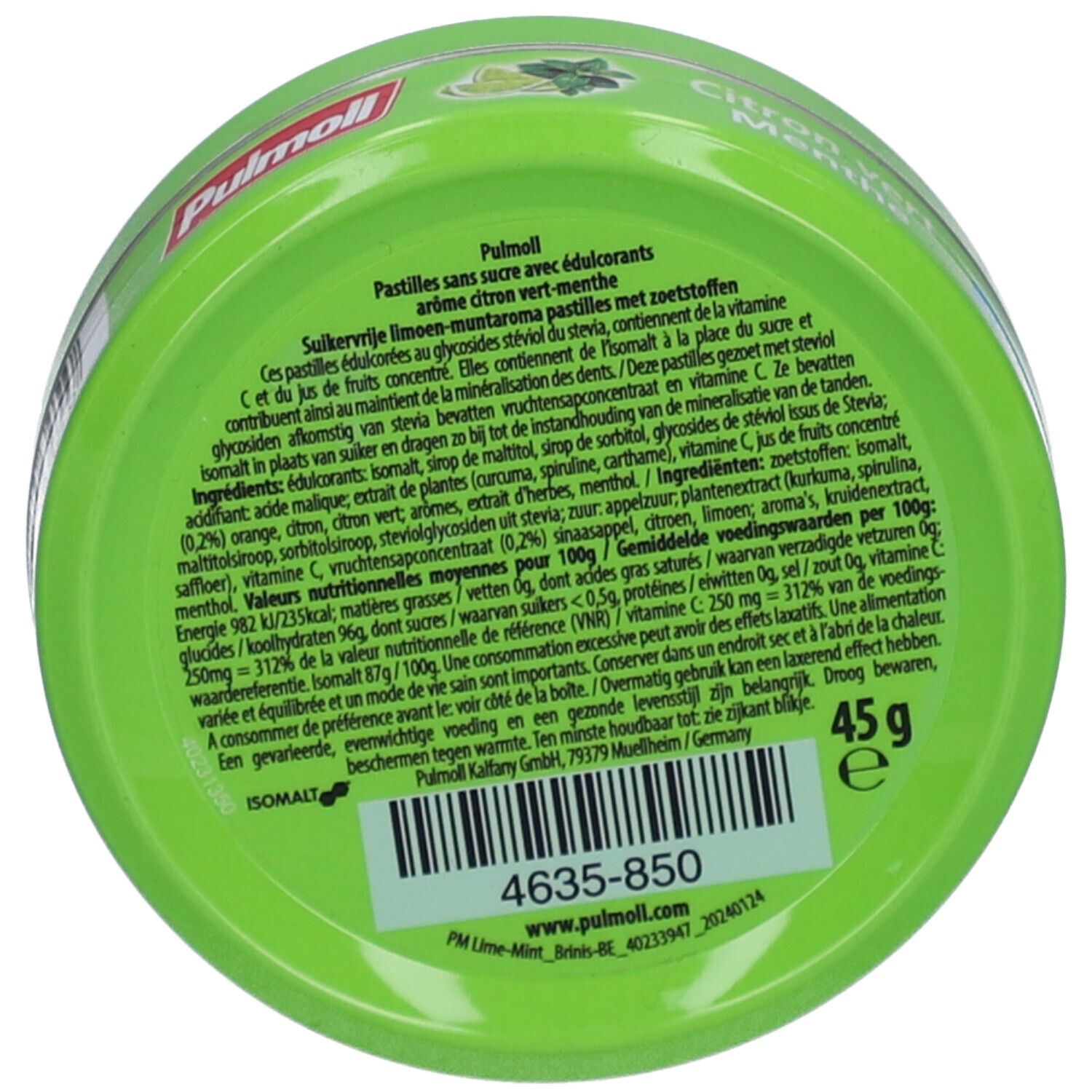 Boîte verte avec texte. Logo "Pulmoll" en haut. Texte en allemand, français, italien et néerlandais. 45g.