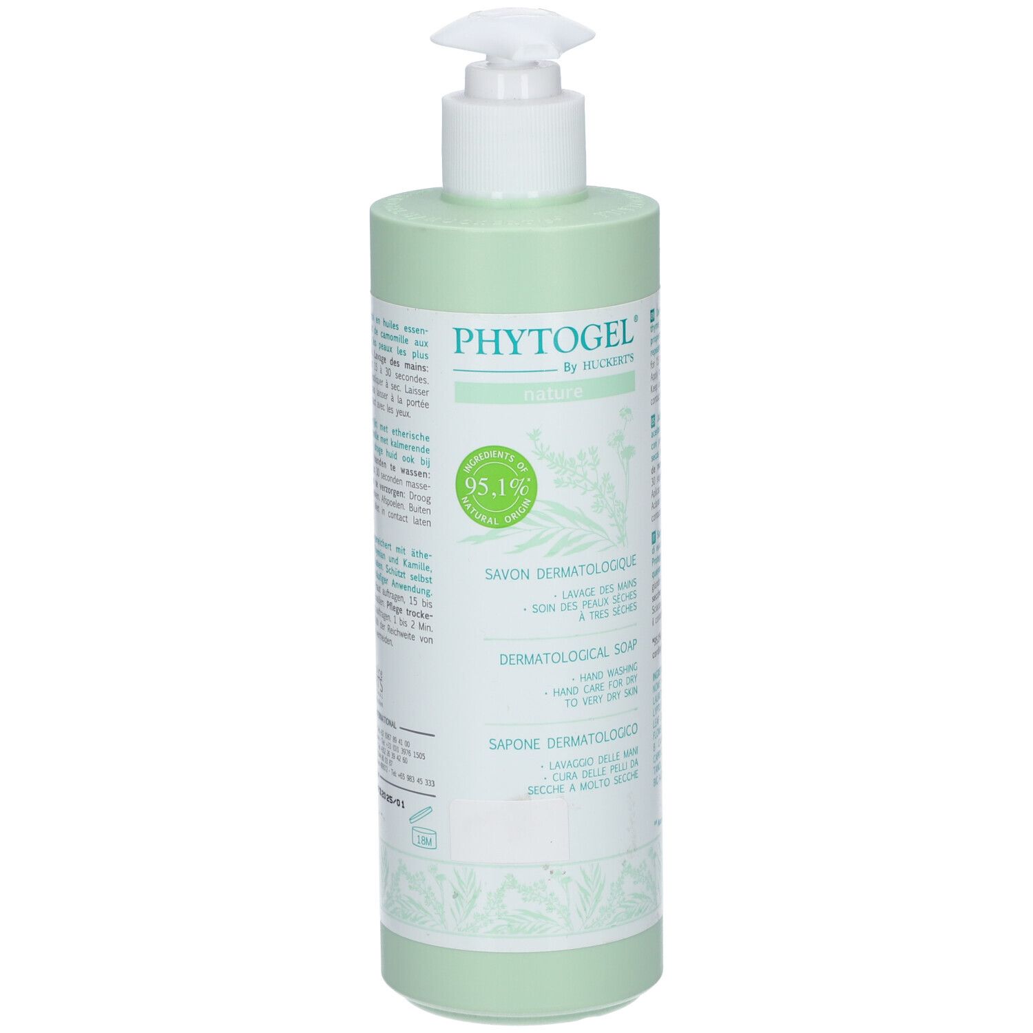 Flacon vert avec pompe blanche. Inscription: Phytogel by Huckert's Nature. Savon dermatologique.