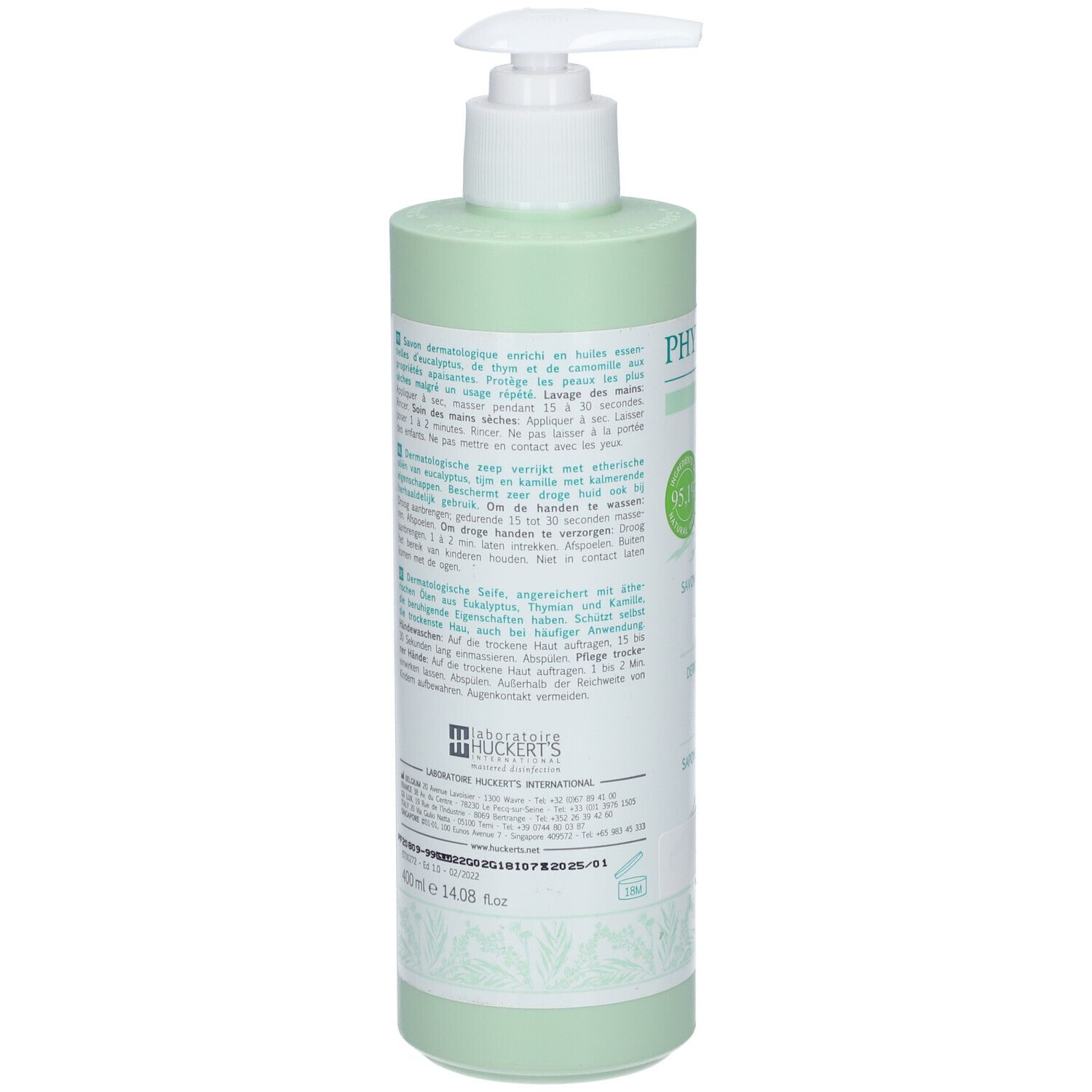 Dos d'un flacon vert avec pompe blanche. Texte multilingue. Logo Huckert's Nature.