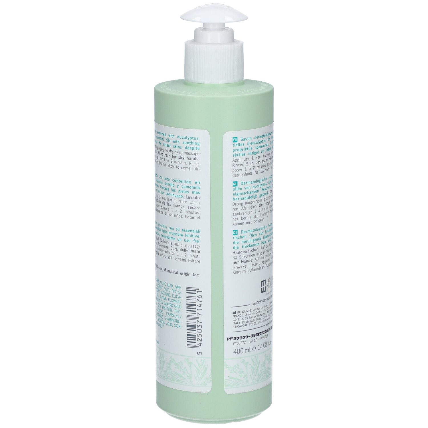 Dos d'un flacon vert avec pompe blanche. Texte multilingue. Volume: 400 ml.