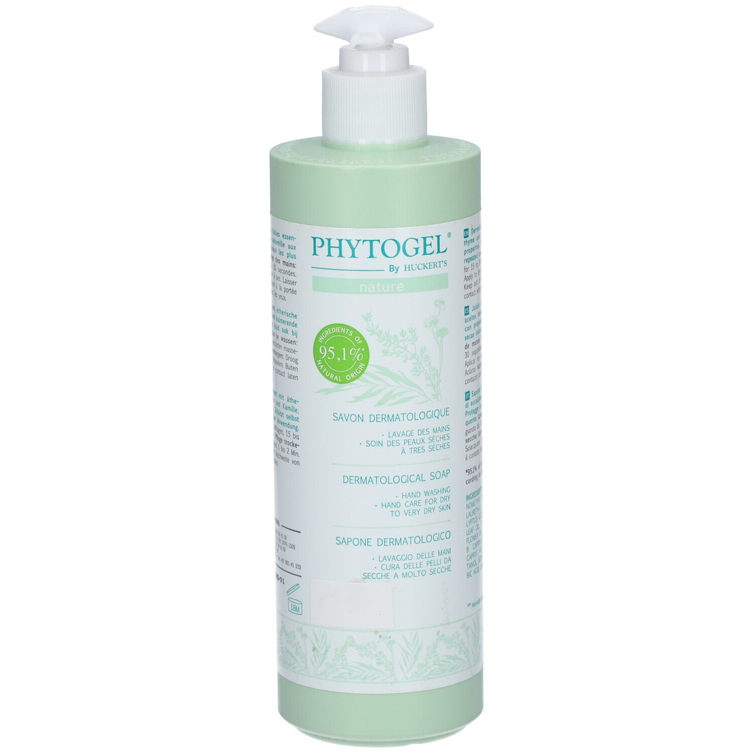Flacon vert avec pompe blanche. Inscription: Phytogel by Huckert's Nature. Savon dermatologique.