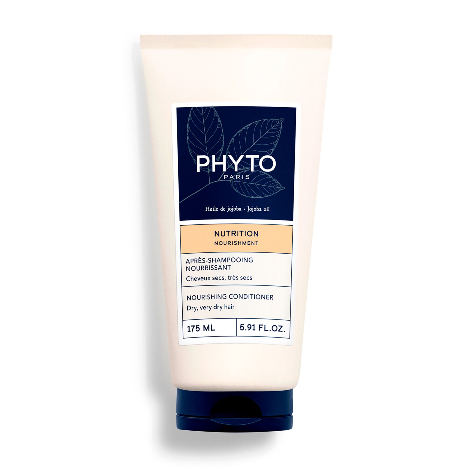 Tube crème avec bouchon bleu. Inscription PHYTO PARIS, Nutrition, Nourishing Conditioner. 175 ml.
