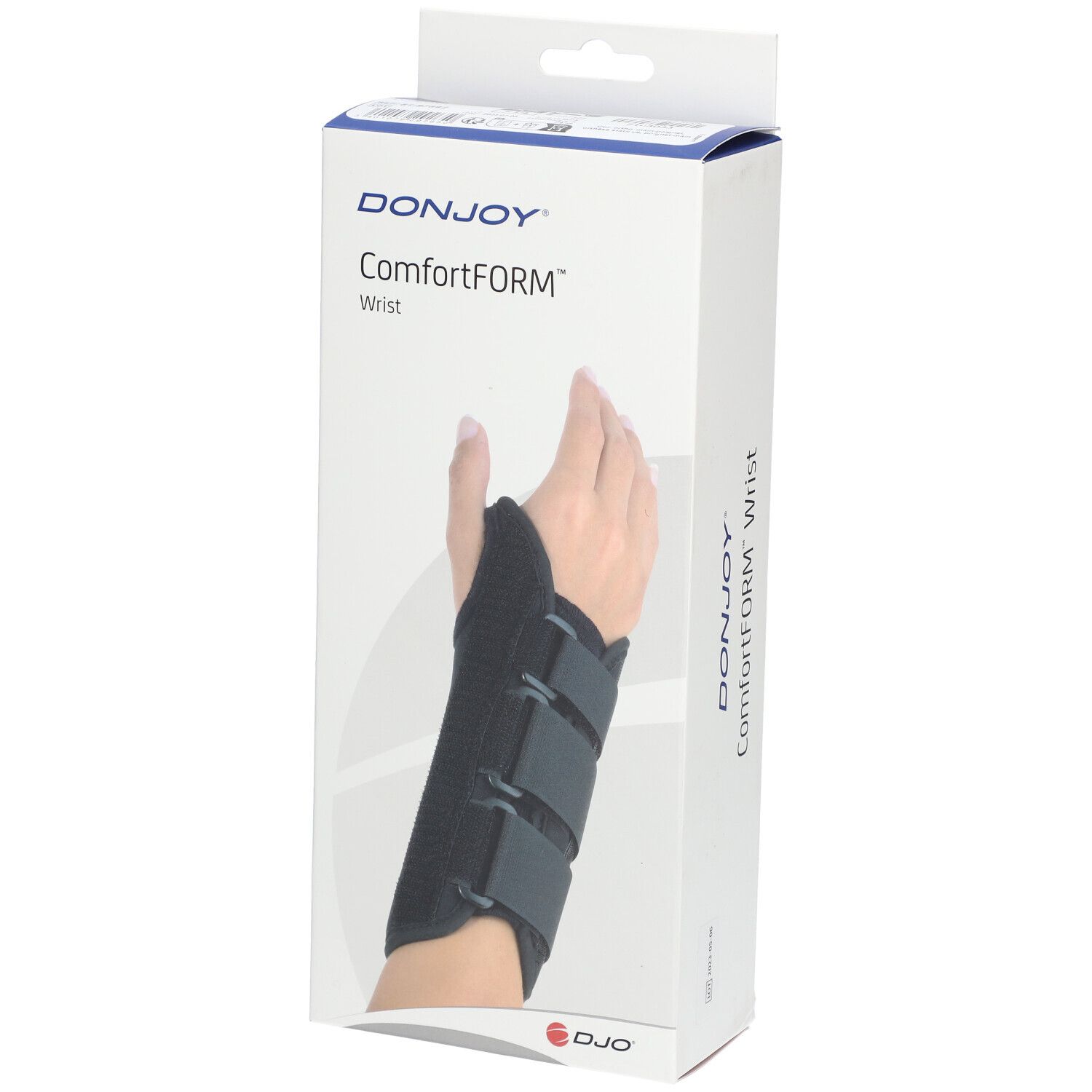 Emballage DonJoy ComfortFORM pour le poignet. Support noir sur le poignet d'une personne. Marque et nom du produit visibles.