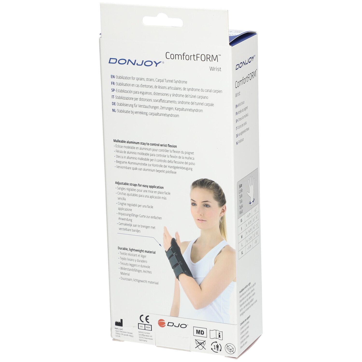 Emballage DonJoy ComfortFORM pour le poignet. Arrière avec informations sur le produit et une femme portant le support. Marque visible.