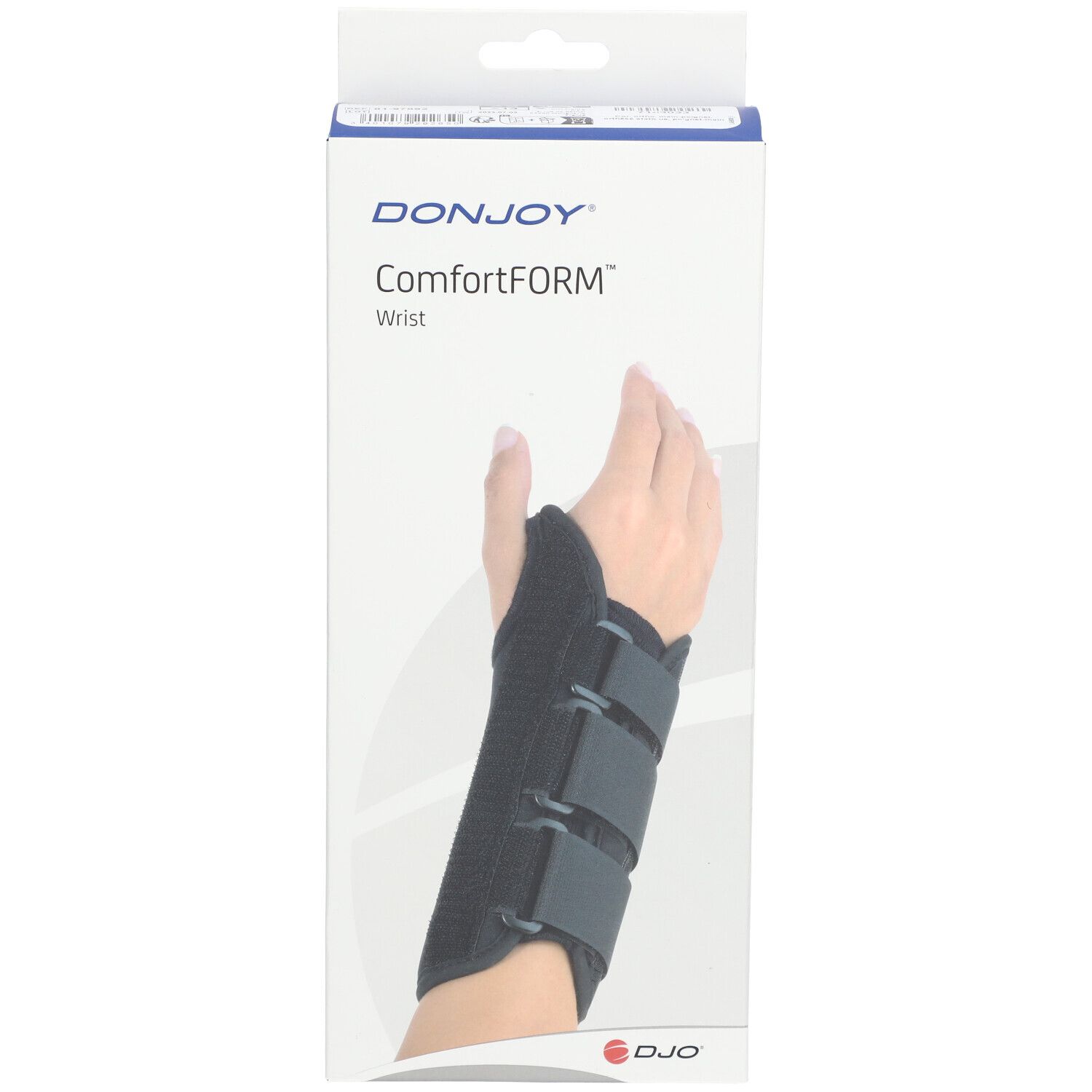 Emballage DonJoy ComfortFORM pour le poignet. Support noir sur le poignet d'une personne. Marque et nom du produit visibles.