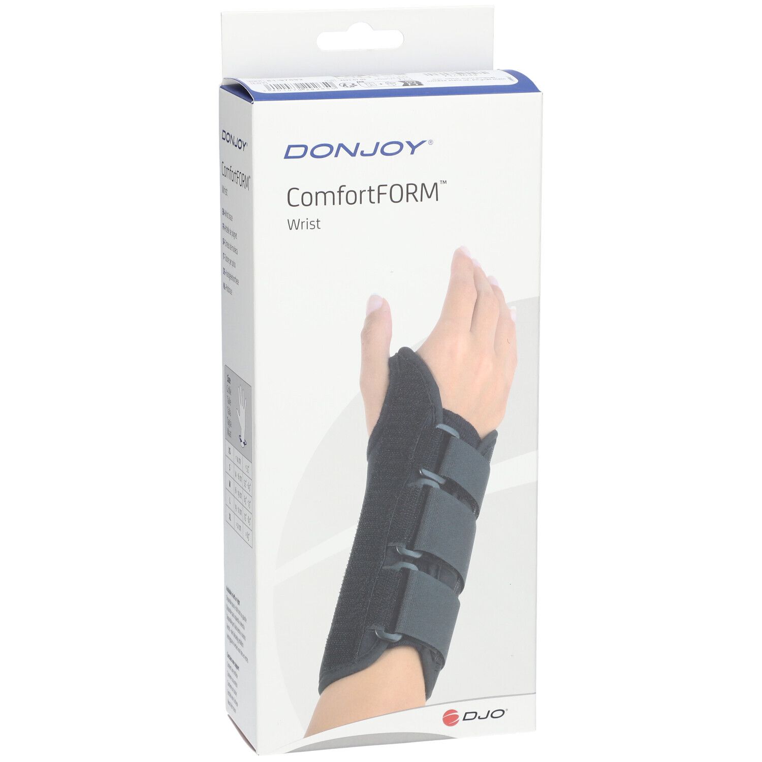 Emballage DonJoy ComfortFORM pour le poignet. Support noir sur le poignet d'une personne. Marque et nom du produit visibles.