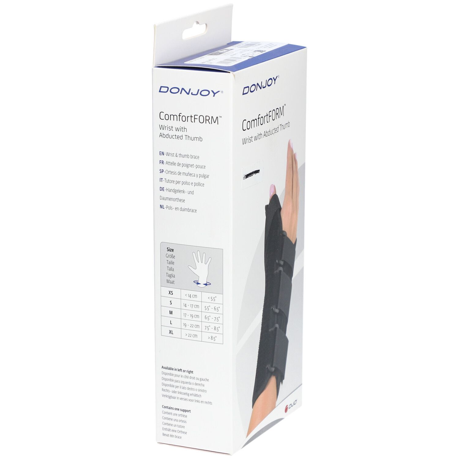 Emballage du produit avec orthèse de poignet. Informations de taille sur le côté. Logo et nom de la marque visibles.