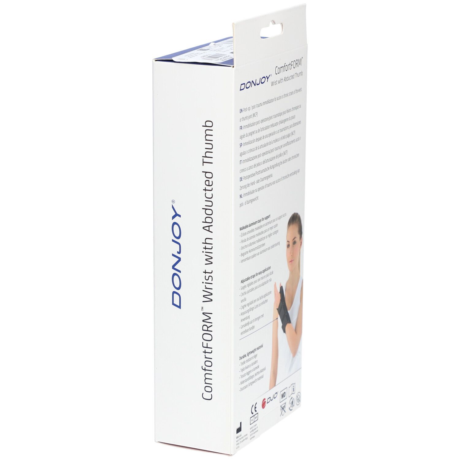 Emballage du produit avec orthèse de poignet. Vue latérale avec logo et nom de la marque. Femme portant le produit.
