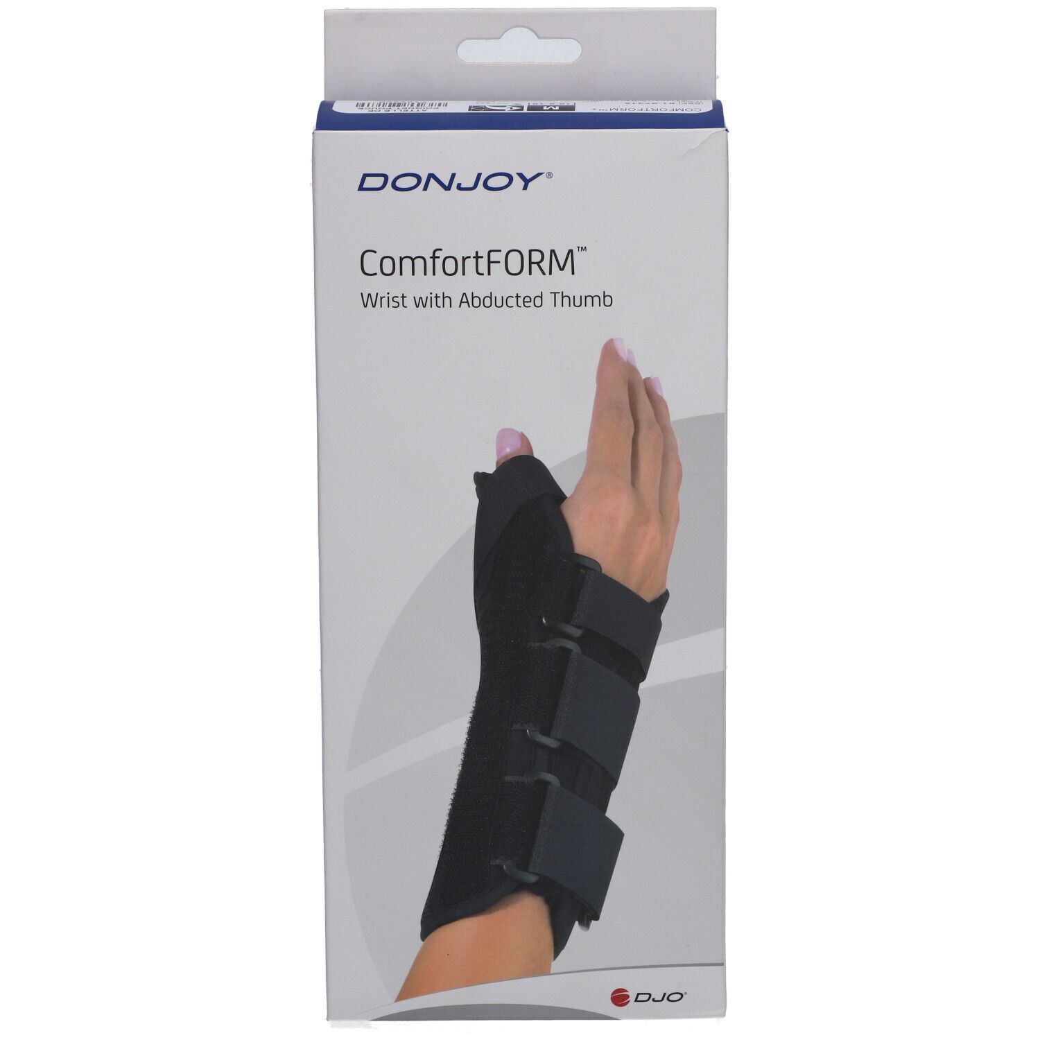 Attelle de poignet ComfortFORM noire avec abduction du pouce, sur emballage. Marque : DonJoy.