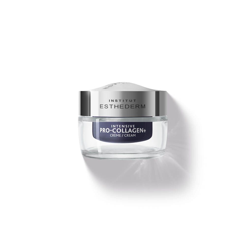 Pot de crème avec couvercle argenté. INSTITUT ESTHEDERM, PRO-COLLAGEN+ CRÈME. Récipient transparent. Texte crème.