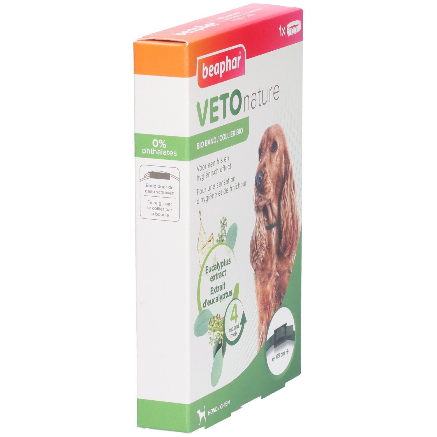 Boîte Beaphar Veto nature Bio Band. Contient extrait d'eucalyptus. Pour chiens. 0% phtalates. Collier visible.