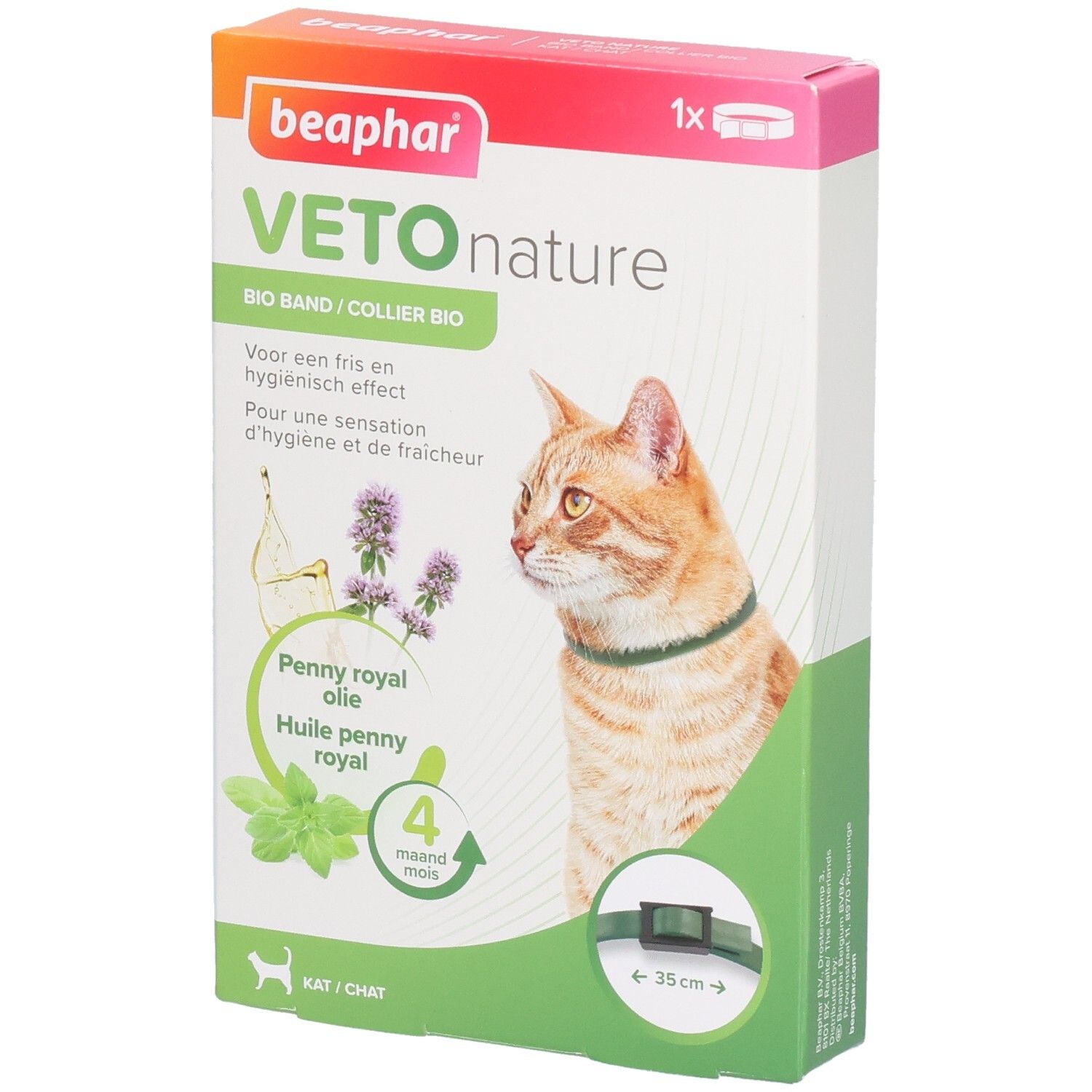 Boîte Beaphar Vetonature Bio Band. Chat avec collier. Huile de penny royal. Protection 4 mois. Emballage.