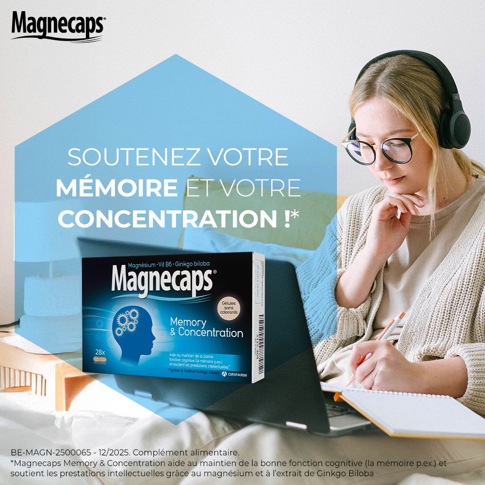 Publicité pour MAGNECAPS® Mémoire & Concentration. Femme avec ordinateur portable. Texte : Soutenez votre mémoire et votre concentration !