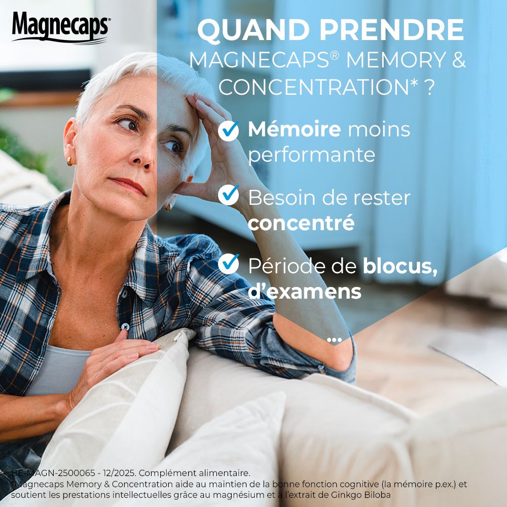 Publicité pour MAGNECAPS® Mémoire & Concentration. Femme sur un canapé. Texte : Quand prendre MAGNECAPS® ? Emballage du produit.