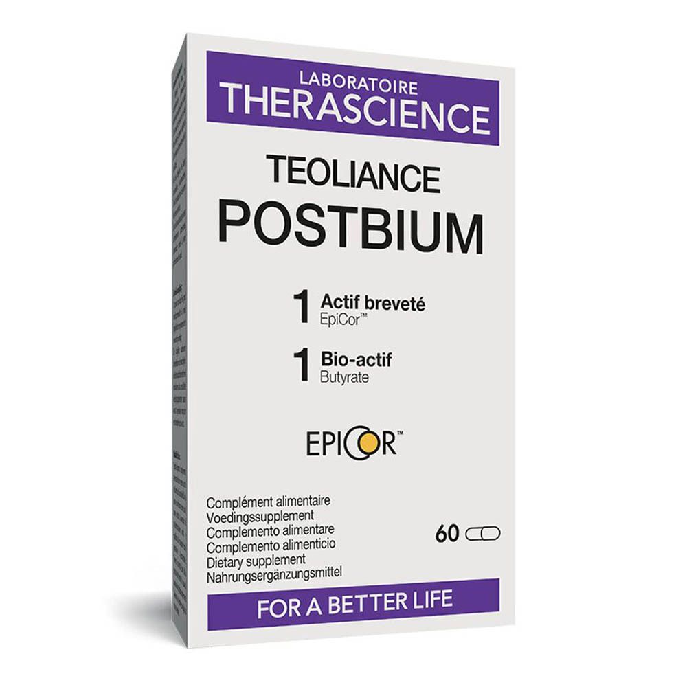 Boîte blanche et violette. Inscription: Teoliance Postbium, 60 gélules. Marque: Therascience.