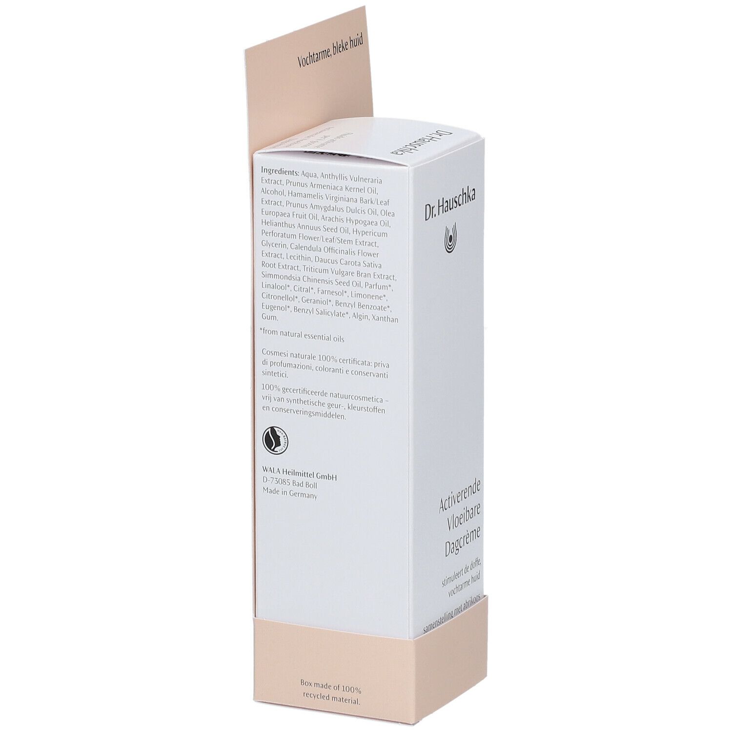 Boîte blanche avec liste d'ingrédients et logo. Texte en plusieurs langues.
