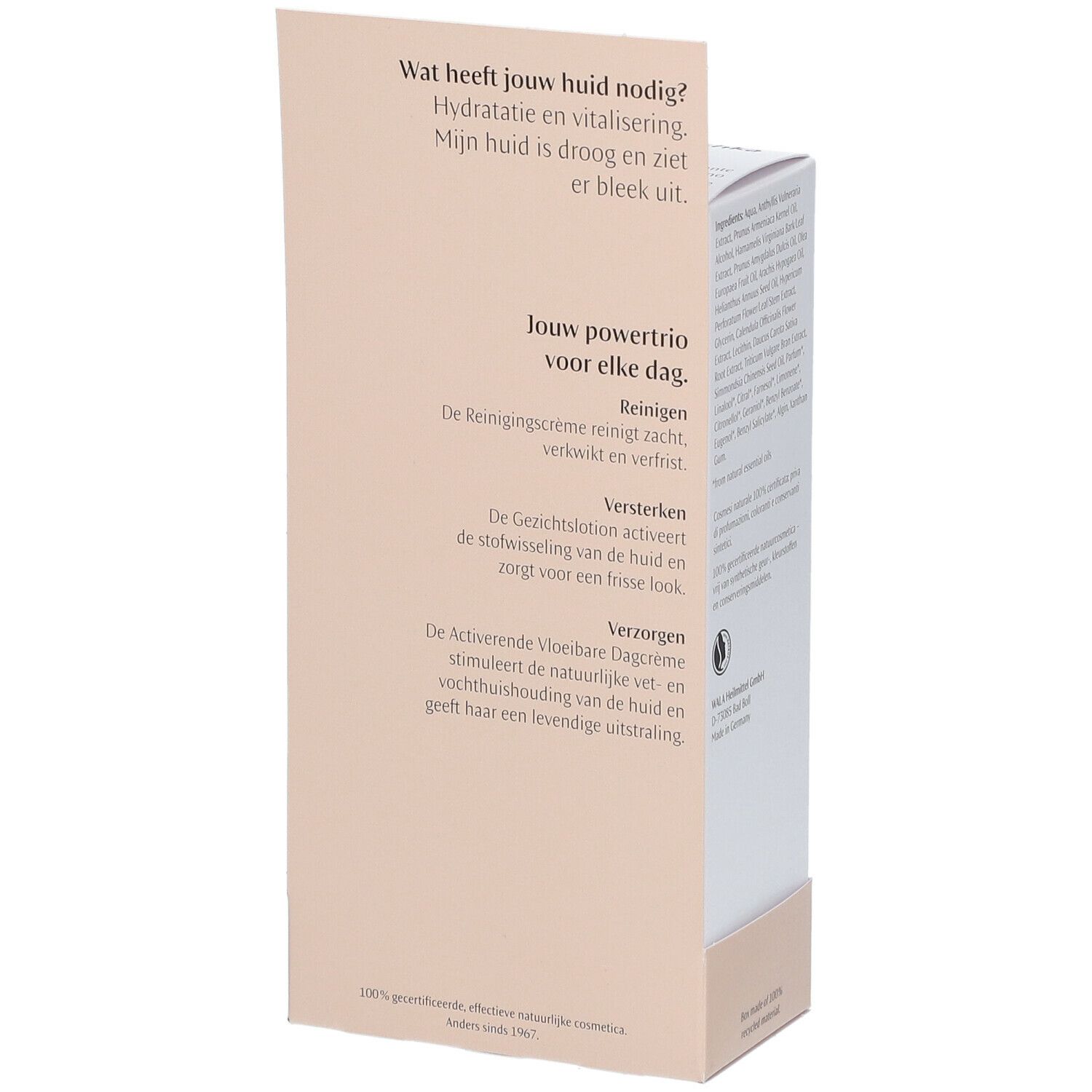 Boîte beige et blanche avec texte. Texte en néerlandais.