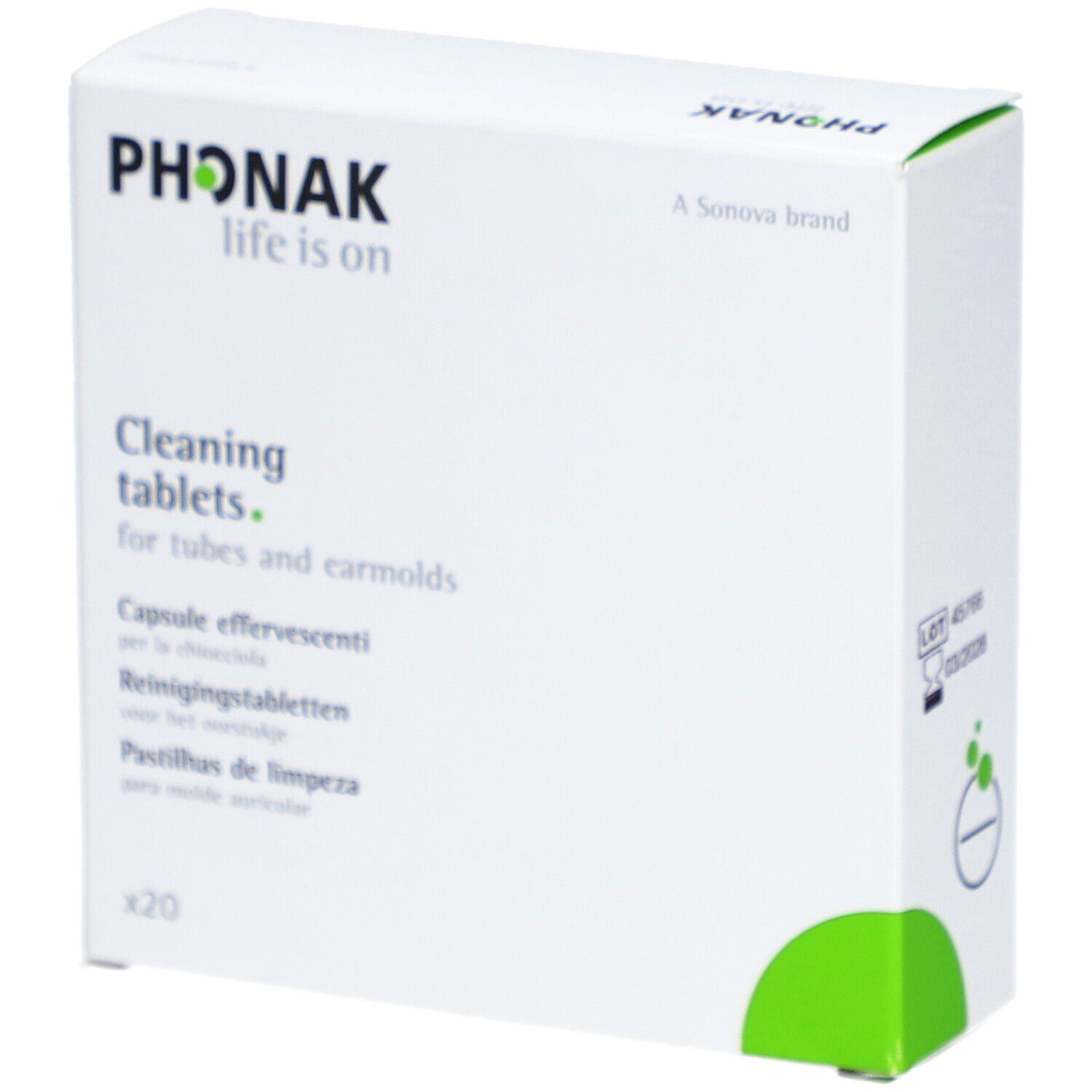Boîte blanche PHONAK. Texte: Cleaning tablets. Pour tubes et embouts. Contient 20 comprimés effervescents.