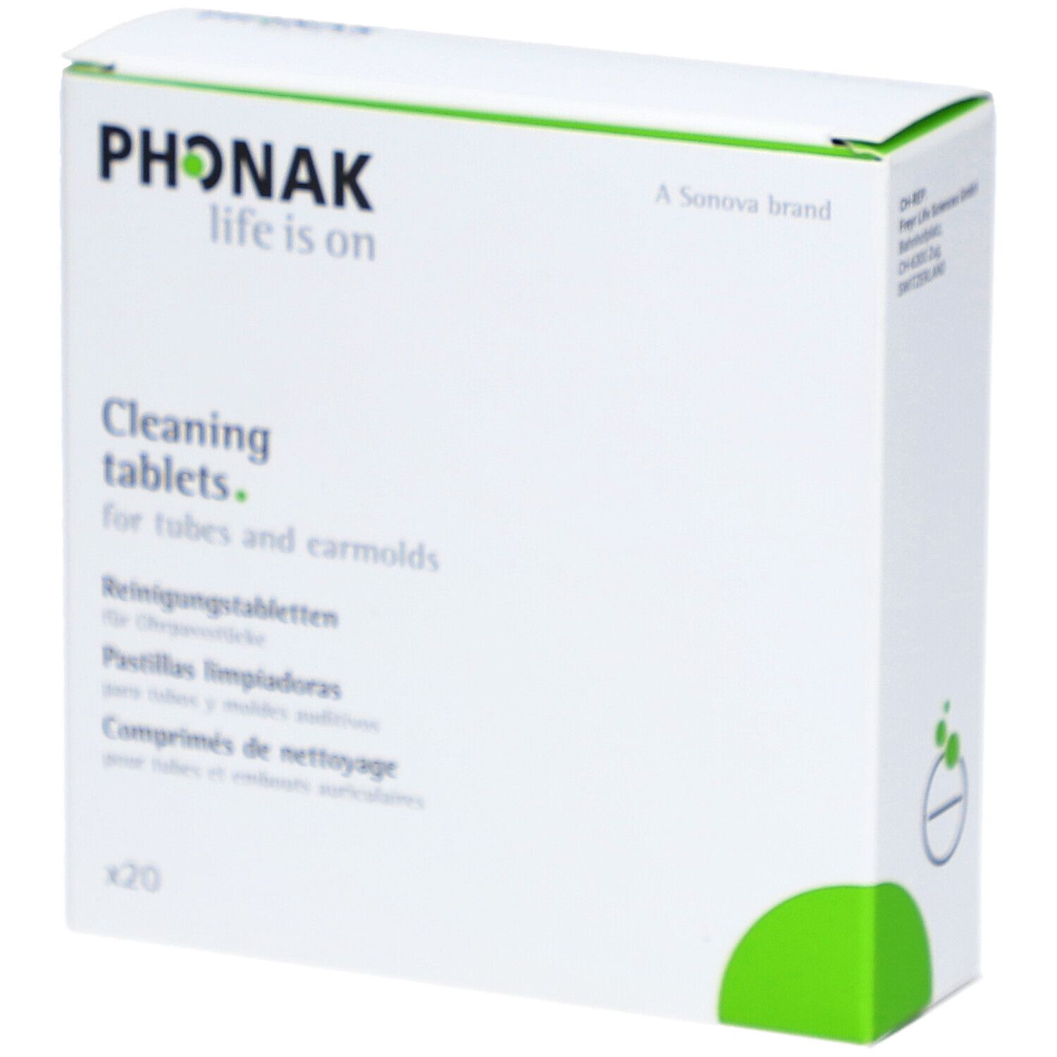 Boîte blanche PHONAK. Texte: Cleaning tablets. Pour tubes et embouts. Contient 20 comprimés.