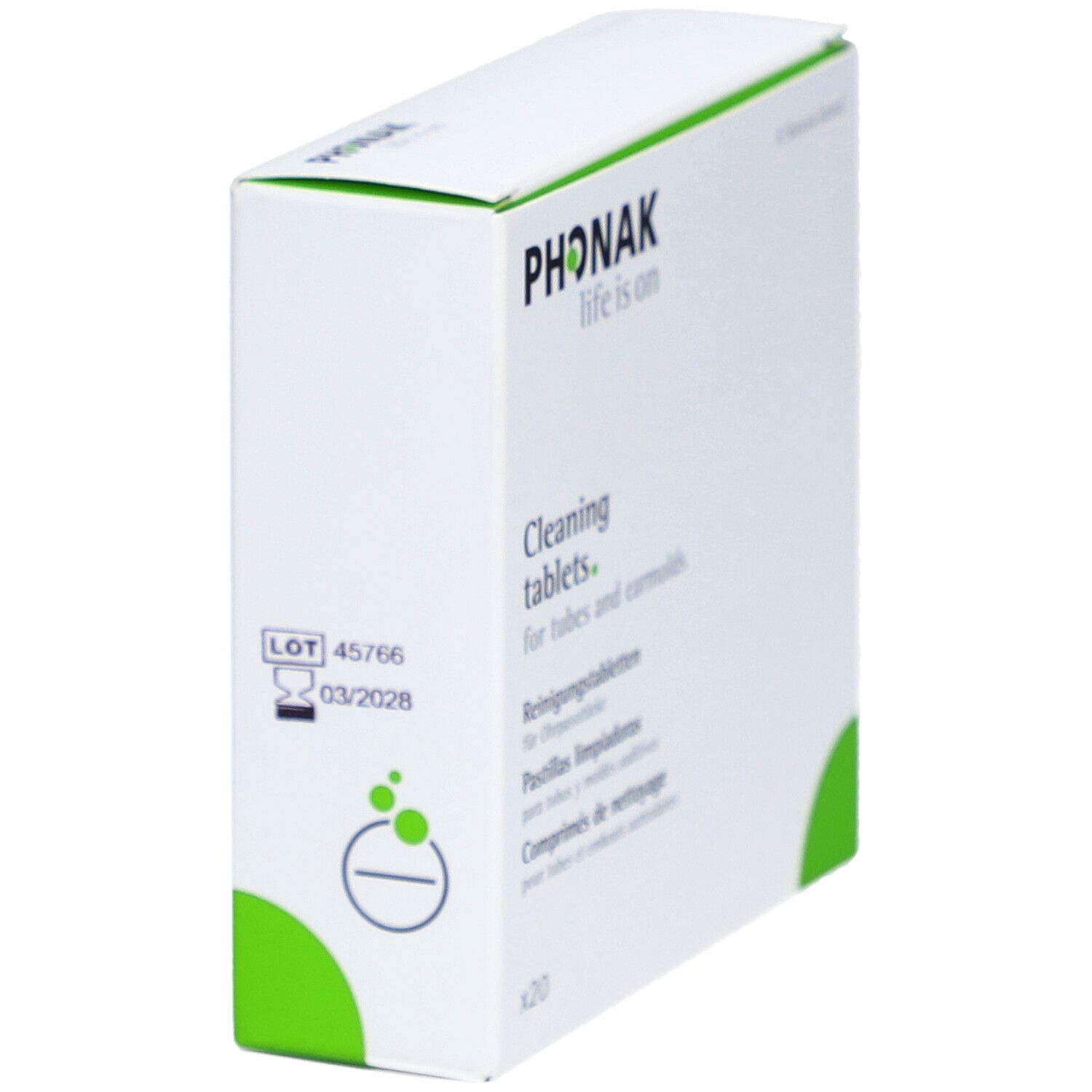Boîte blanche PHONAK. Texte: Cleaning tablets. Pour tubes et embouts. Avec numéro de lot.
