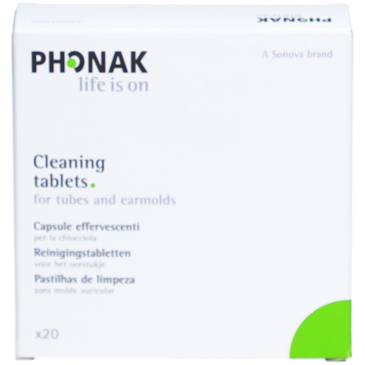 Boîte blanche PHONAK. Texte: Cleaning tablets. Pour tubes et embouts. Contient 20 comprimés.