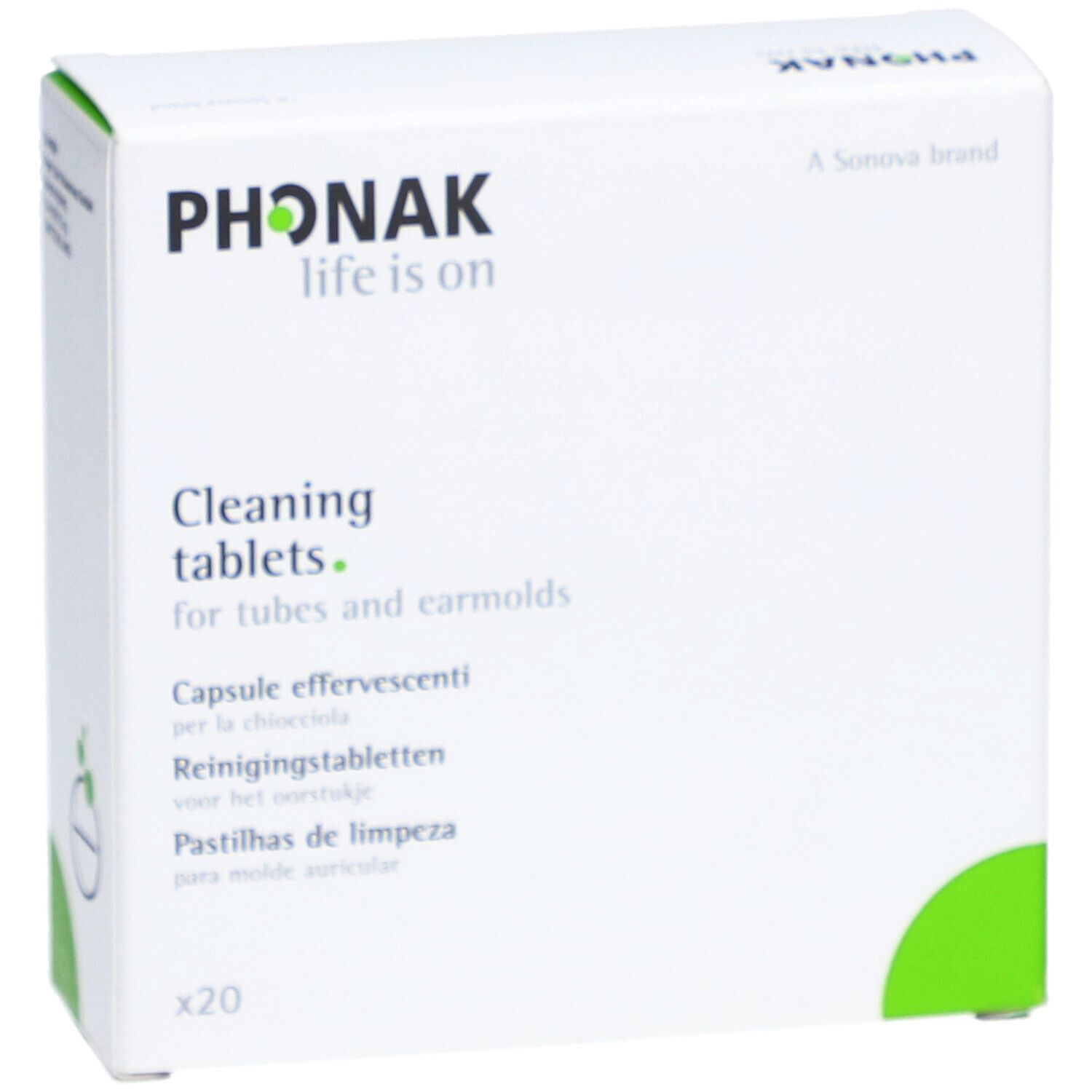 Boîte blanche PHONAK. Texte: Cleaning tablets. Pour tubes et embouts. Contient 20 comprimés.