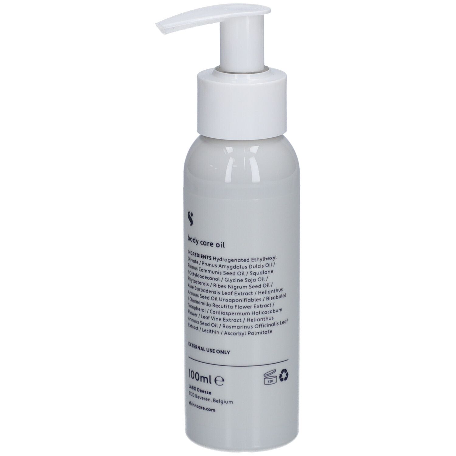 Flacon gris avec pompe blanche. Dos avec ingrédients, adresse fabricant et volume.