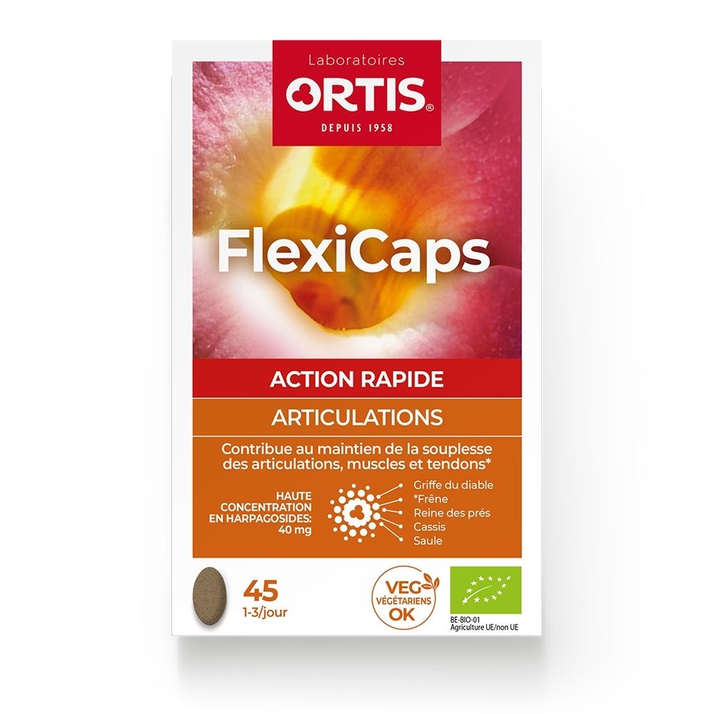 Boîte Ortis FlexiCaps de 45 capsules, côté avec informations produit.
