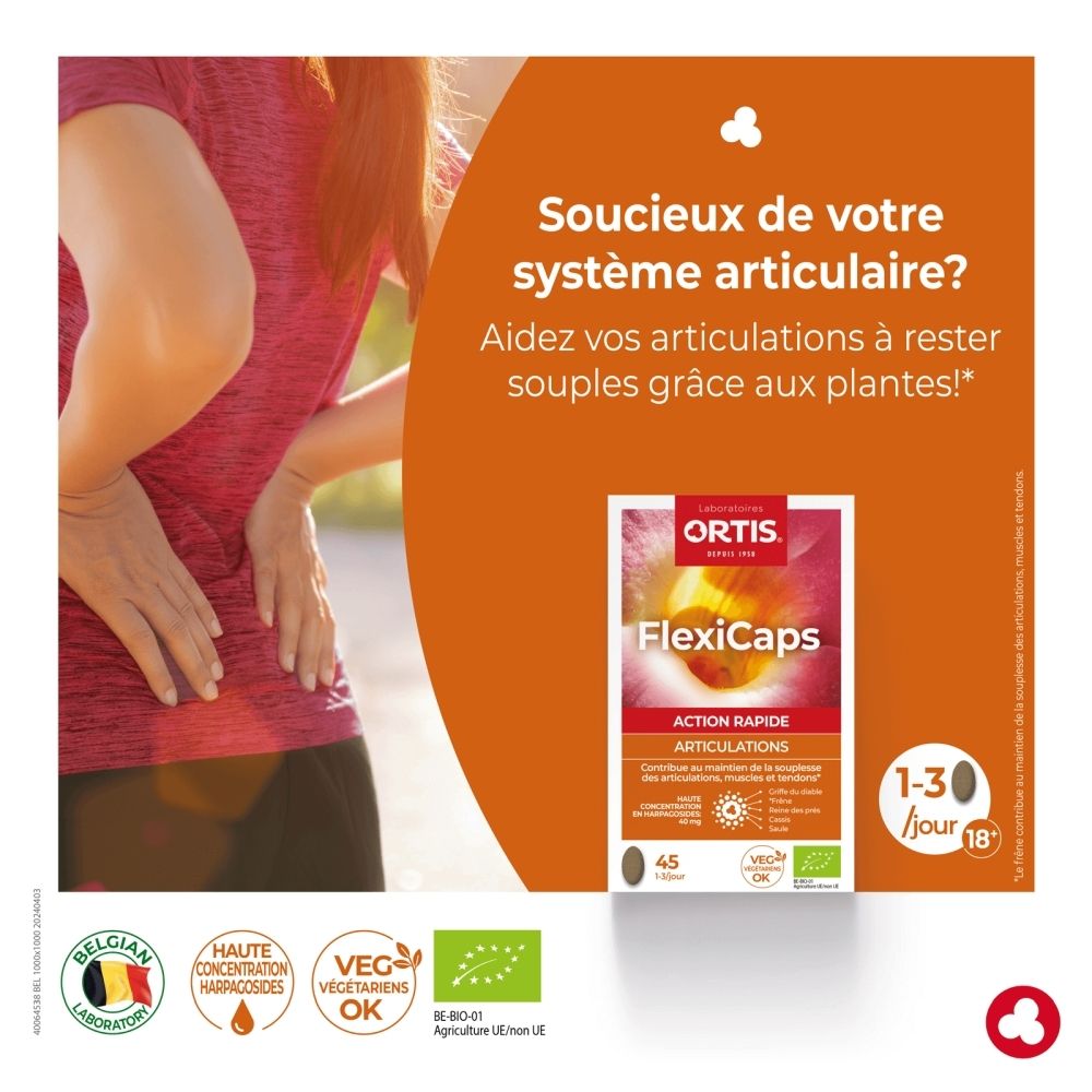 Boîte Ortis FlexiCaps de 45 capsules pour articulations, action rapide.