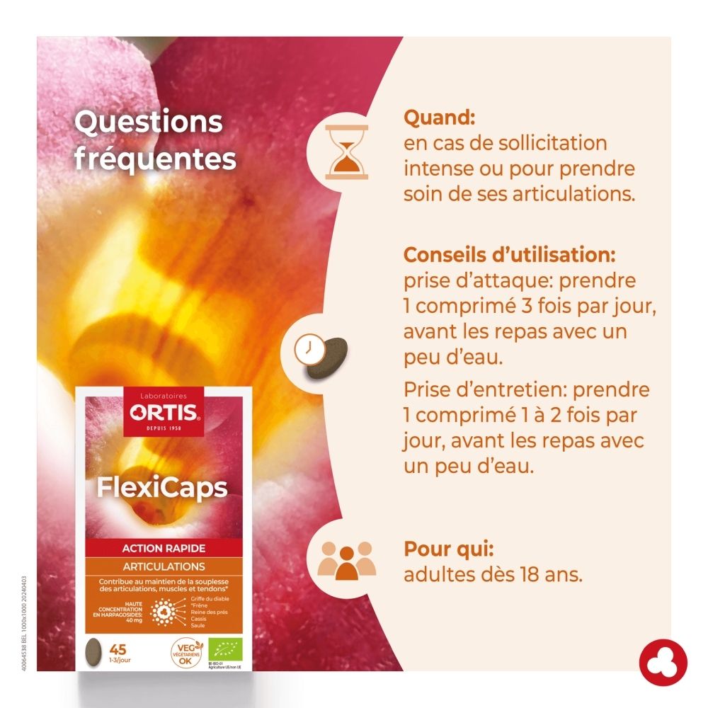 Boîte Ortis FlexiCaps de 45 capsules, face avant avec image de fleur.