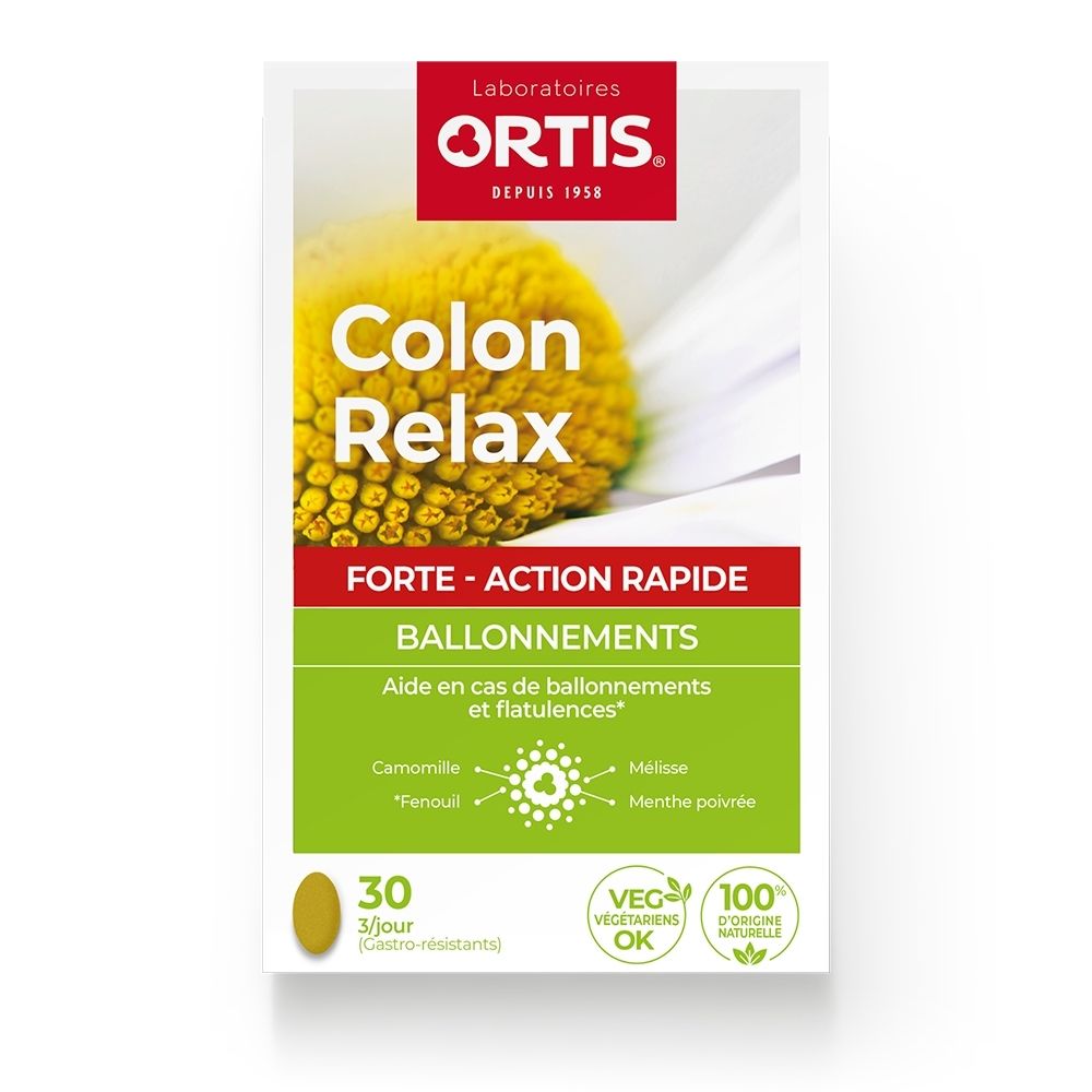 Boîte Ortis Colon Relax Forte avec fleur de camomille, 30 comprimés gastro-résistants.