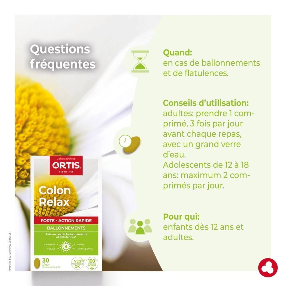 Boîte Ortis Colon Relax Forte avec fleur de camomille, 30 comprimés gastro-résistants.