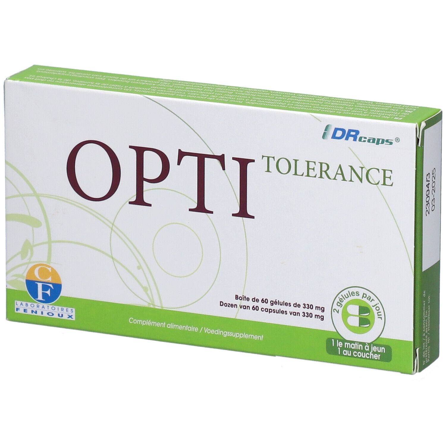 Boîte "OPTI TOLERANCE". Design vert et blanc. Contient 60 gélules. Inscription "2 gélules par jour".