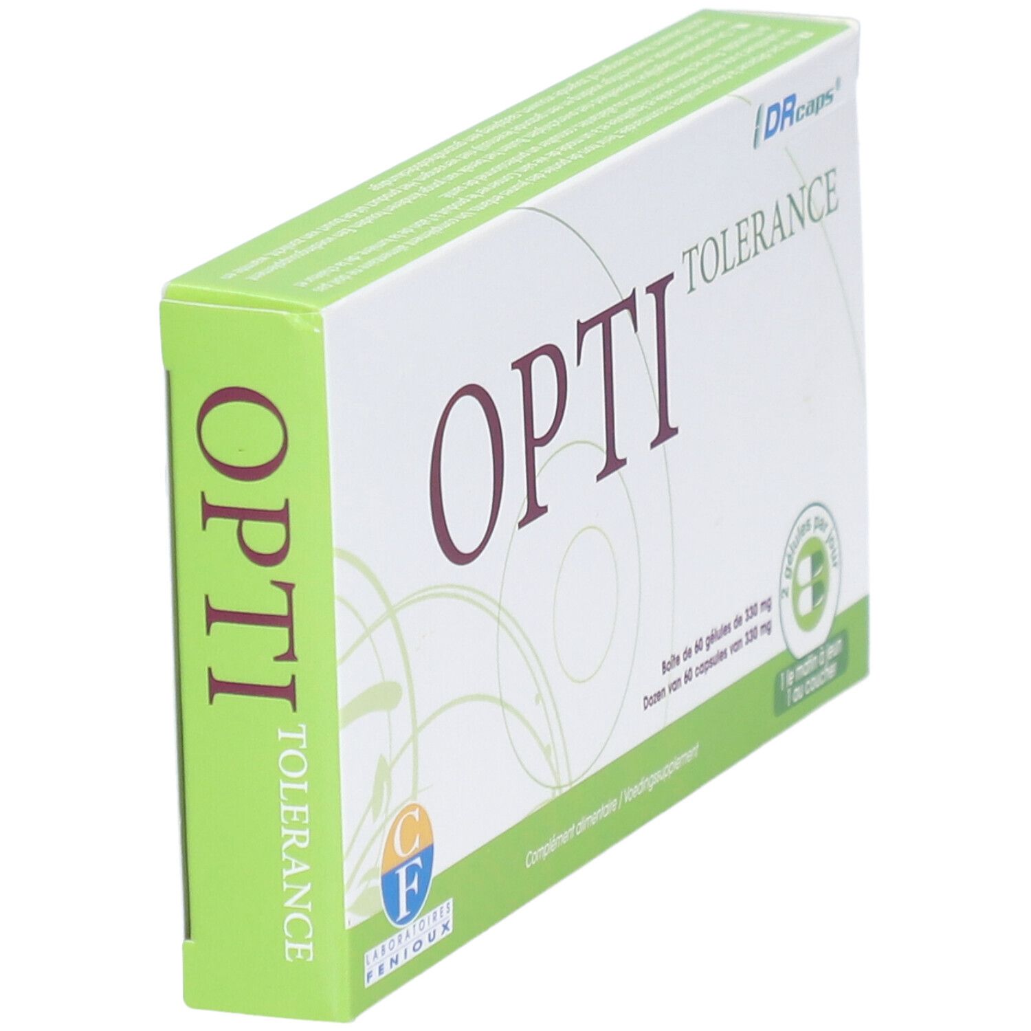 Boîte "OPTI TOLERANCE" design vert et blanc. Inscription "OPTI" et "TOLERANCE". Forme rectangulaire.