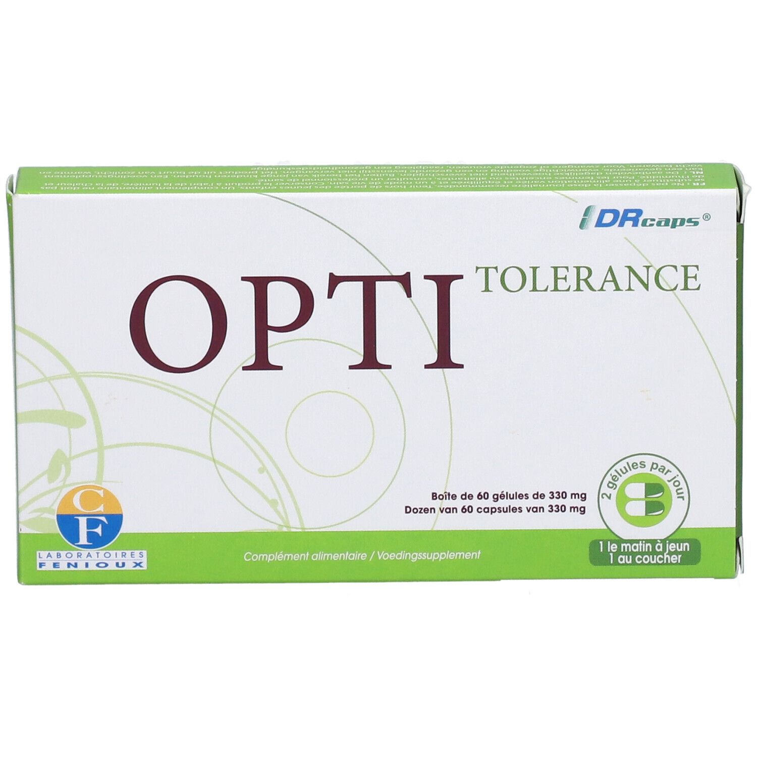 Boîte "OPTI TOLERANCE" design vert et blanc. Contient 60 gélules. Inscription "2 gélules par jour".