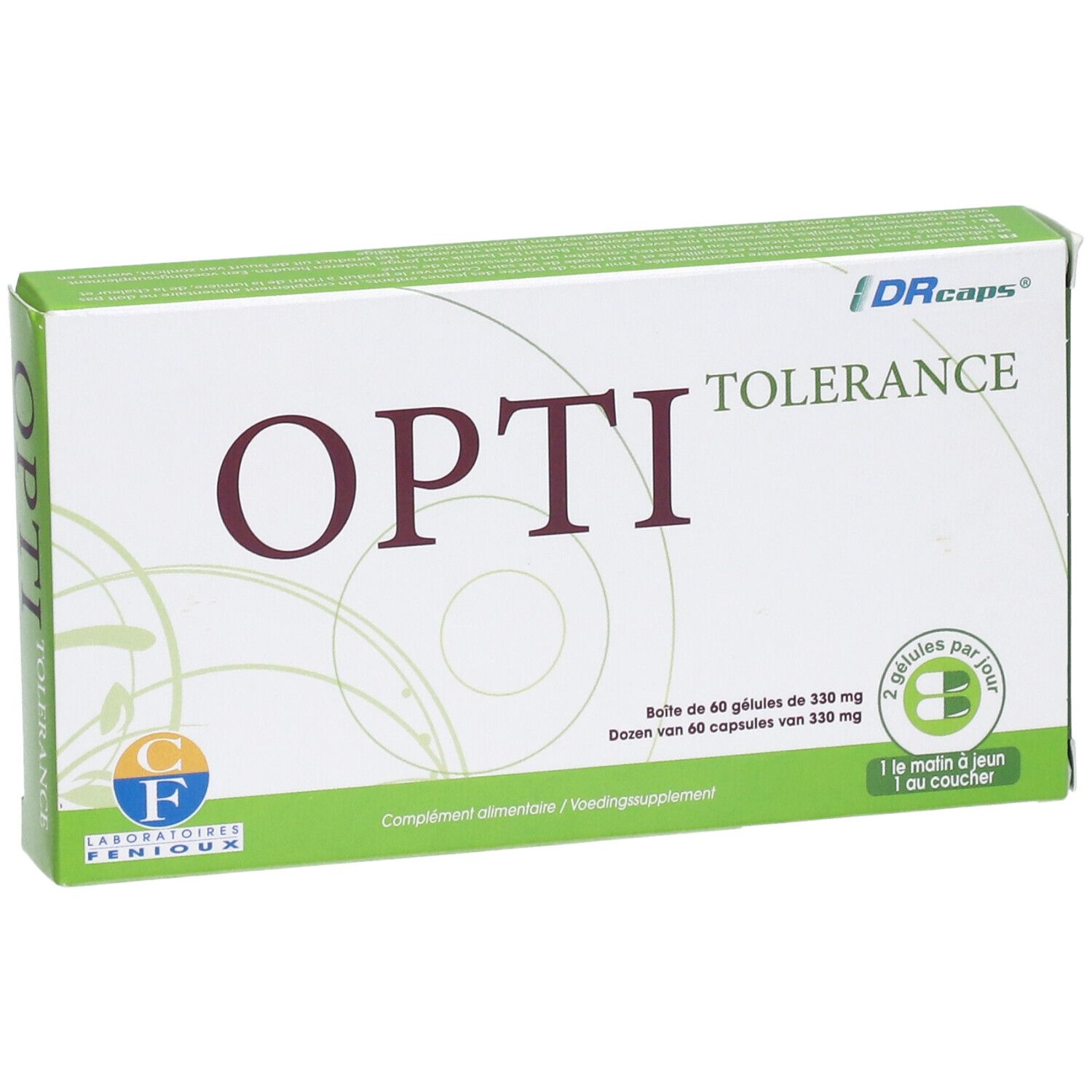 Boîte "OPTI TOLERANCE" design vert et blanc. Contient 60 gélules. Inscription "2 gélules par jour".